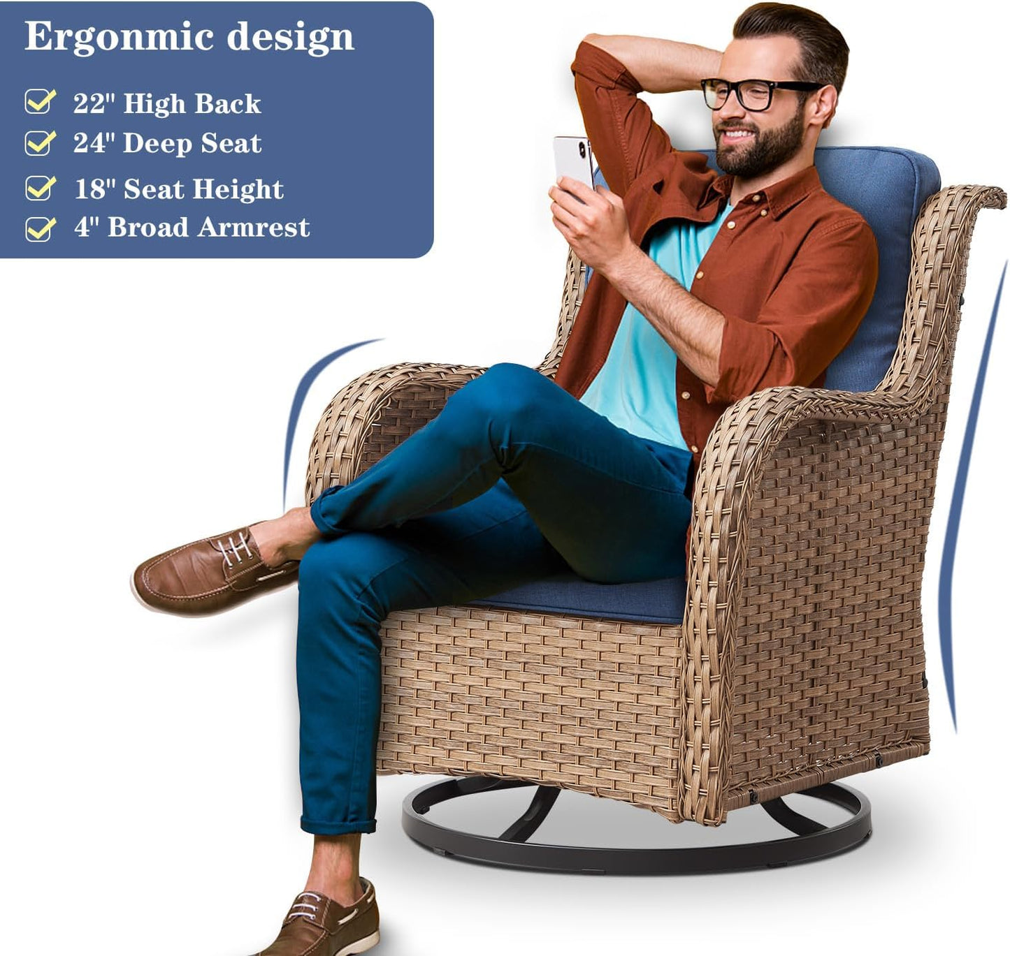 Outdoor Swivel Rocker Patio Chairs - 360 Degree Swivel Glider Seating 350LBS Weight Capacity Wicker Rocking Chairs Set of 2 with Removable Cushion for Porch Balcony Deck, Yellow/Blue