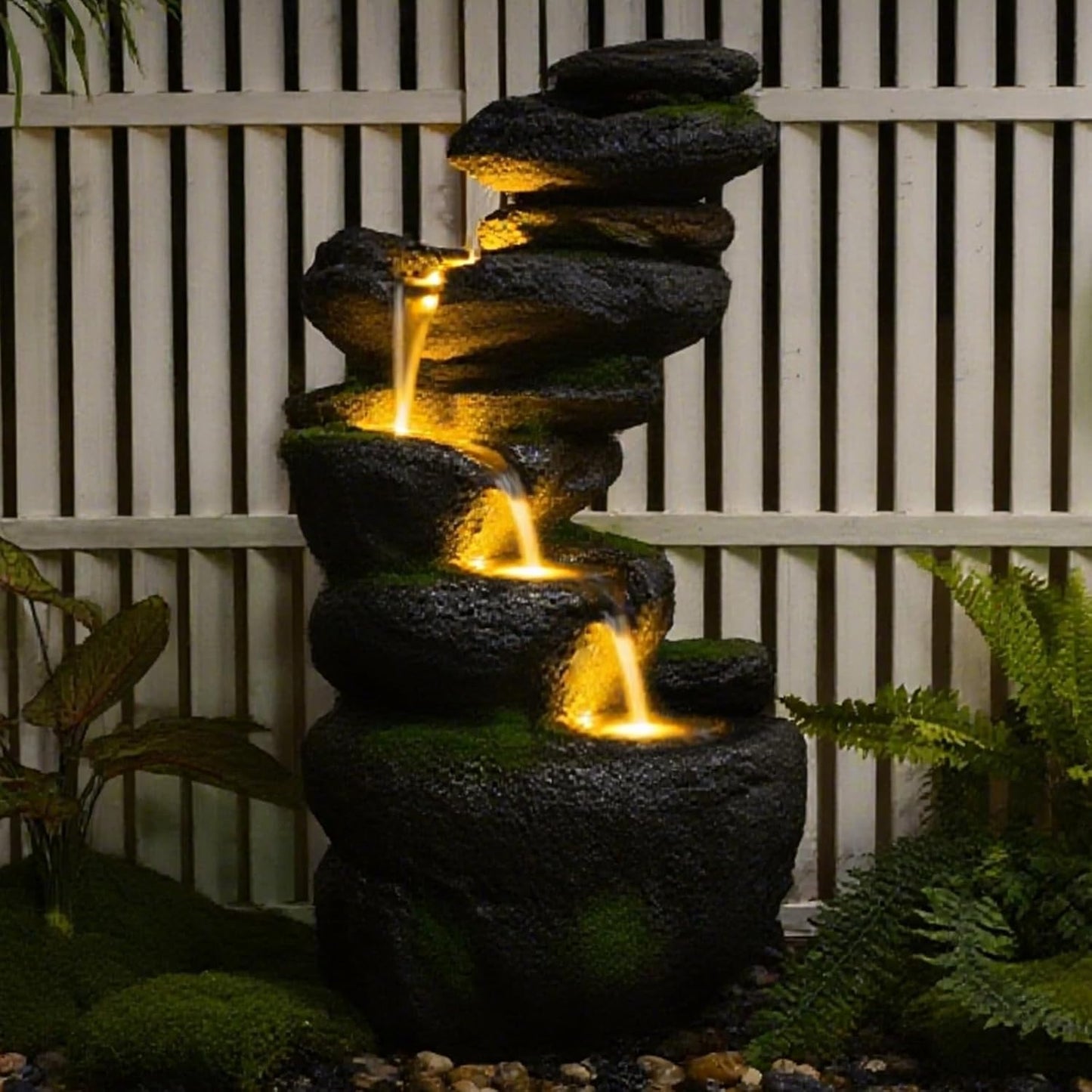 38" Outdoor Garden Water Fountain with Lights 5 Tiers Cascading Large Waterfall Floor Standing Fountain for Patio, Backyard, Deck, Porch and Home Art Decor
