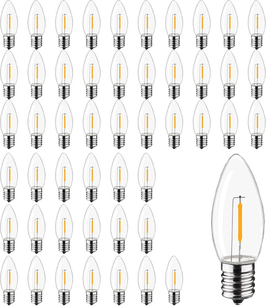 C9 Christmas Replacement LED Light Bulbs,E17 Base Commercial Grade Holiday Bulbs, 4W 5W 6W 7W Incandescent Equivalent, Warm White 2200K, Clear Plastic Bulbs for Christmas String Light - 50 Pack