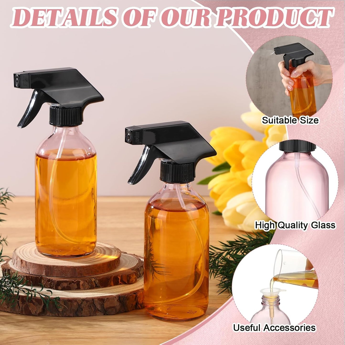 Norme 12 Pcs 8 oz Glass Spray Bottles with Funnels and Labels Refillable Cosmetic Empty Spray Bottles with Sprayer Containers for Essential Oil Cleaning Solutions(Pink,Classic)