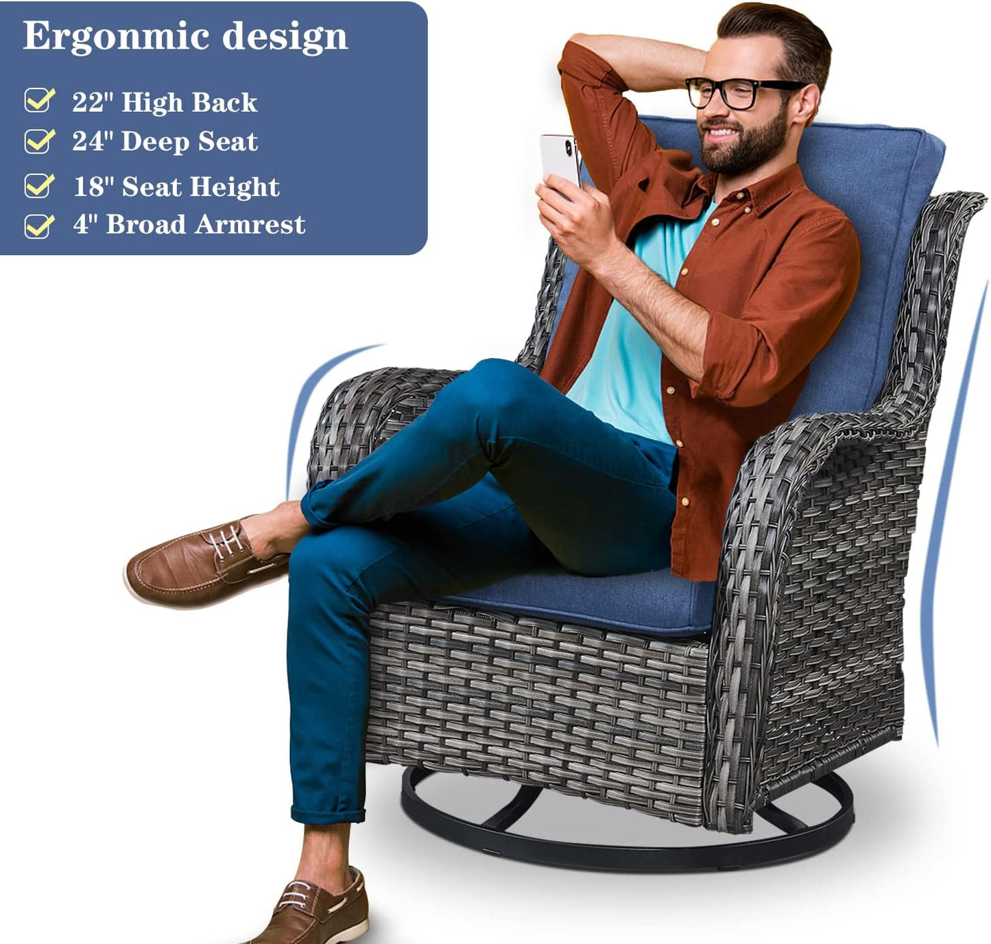 5 Pieces Patio Furniture Sets Wicker Outdoor Furniture, Rattan Patio Swivel Glider Chairs with 2 Ottoman and Glass Side Table