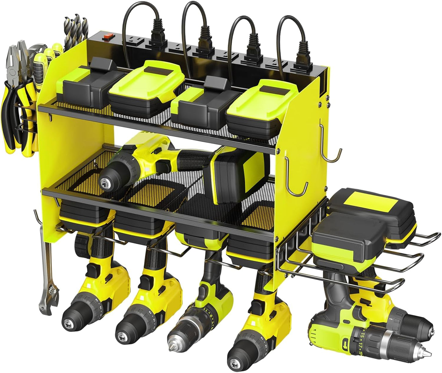CCCEI Modular Power Tool Organizer Wall Mount Charging Station, Green 6 Drills Holder with 8 Plug Power Strip 6FT, Garage Drill Battery Heavy Duty Metal Shelf, Utility Rack with Hooks, Side Storage.