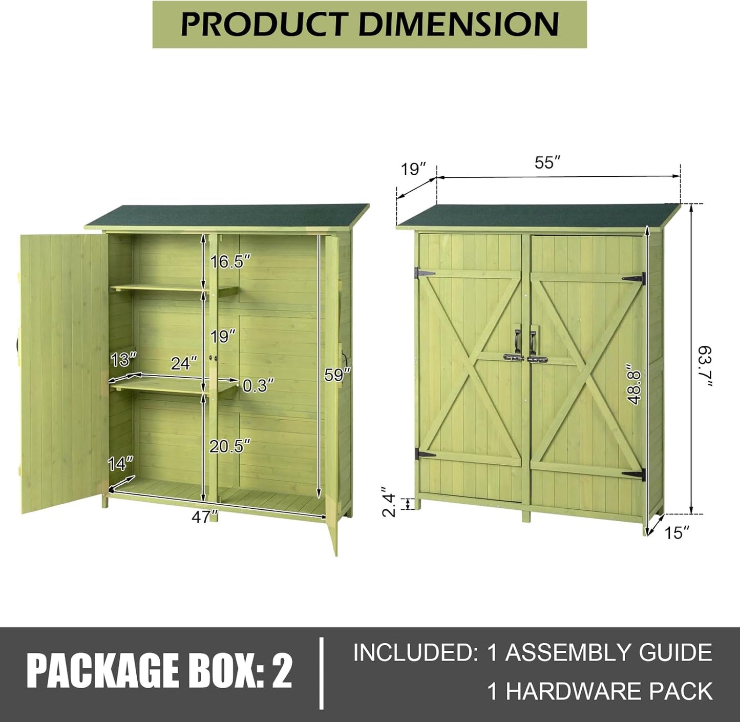 Outvita Outdoor Storage Cabinet with Waterproof Roof, Double Lockable Doors Garden Shed with 2 Removable Shelves, Wooden Storage Shed with Large Storage Space for Yard Garge Patio Deck Porch（Green）