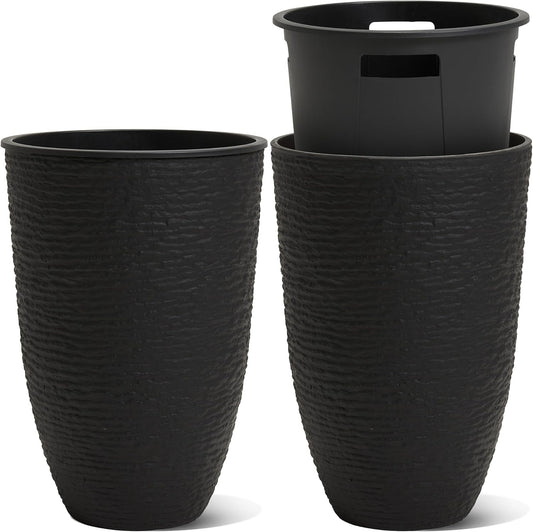 WORTH Garden 2-Pack 21" H. Black Tall Planters with Inside Pots - 14'' Dia Plastic Large Round Plant Tree Pots - Decorative Imitation Stone Finish for Indoor Outdoor Front Porch Container Patio