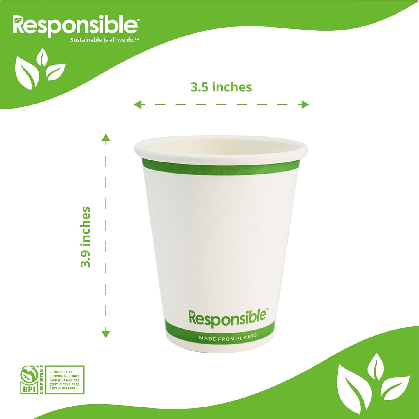 Certified Compostable 10 oz Paper Cups, Cold ＆ Hot Coffee Cups, Disposable Paper Cups, Extra Strength Disposable Cups, Made without PFAS (50 count)