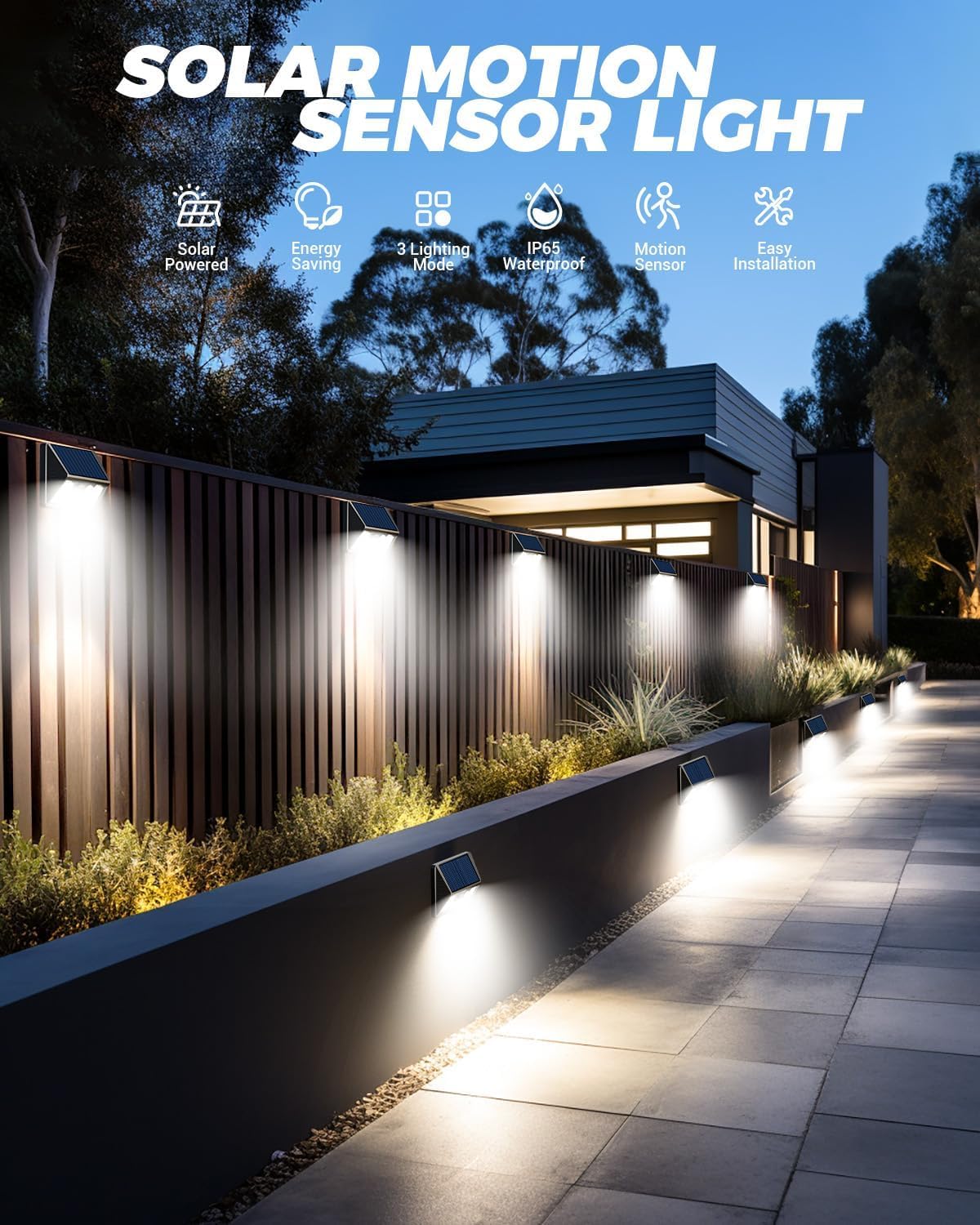 4 Pack Solar Motion Lights Outdoor, Waterproof Fence Lights Solar Powered with 3 Lighting Mode, Cold White LED Step Light for Outside Wall Yard Deck Stairs Garden - Black