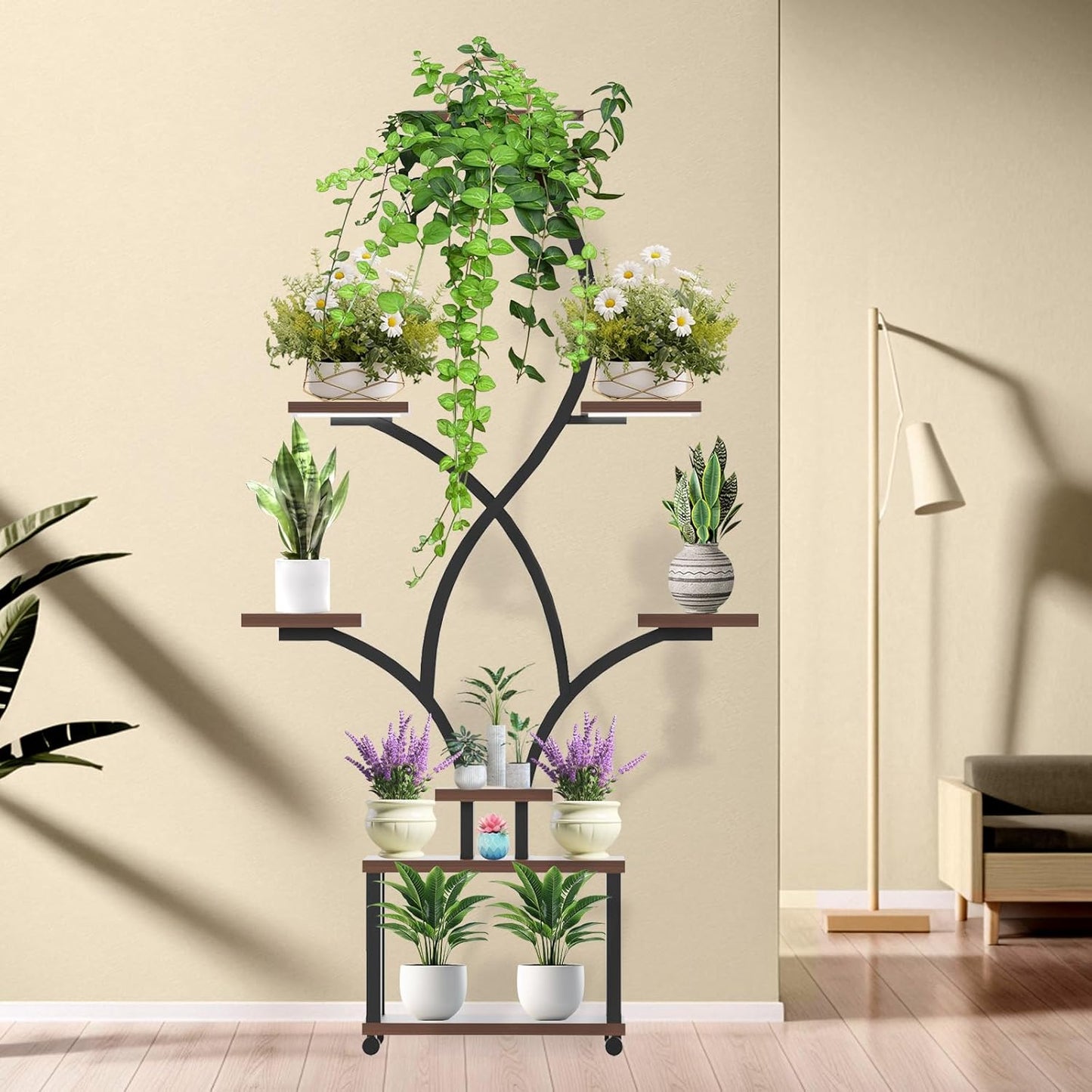Indoor Plant Stand with Grow Lights ，Stylish S-Shaped Metal Rack for Multiple Indoor Plants ，8-Tiered Tall Plant Shelf for Home and Patio ，Perfect for Plant Lovers