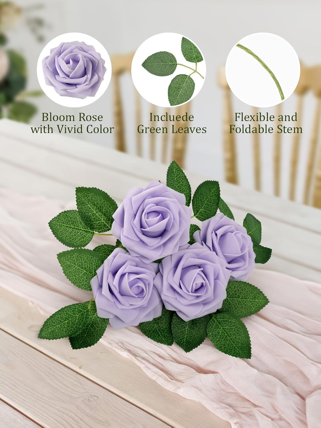 N&T NIETING Purple Artificial Flowers, 25pcs Artificial Flowers Bulk Fake Flowers Roses with Stem for DIY Wedding Bridal Bouquet Baby Shower Home Decoration, Lavender