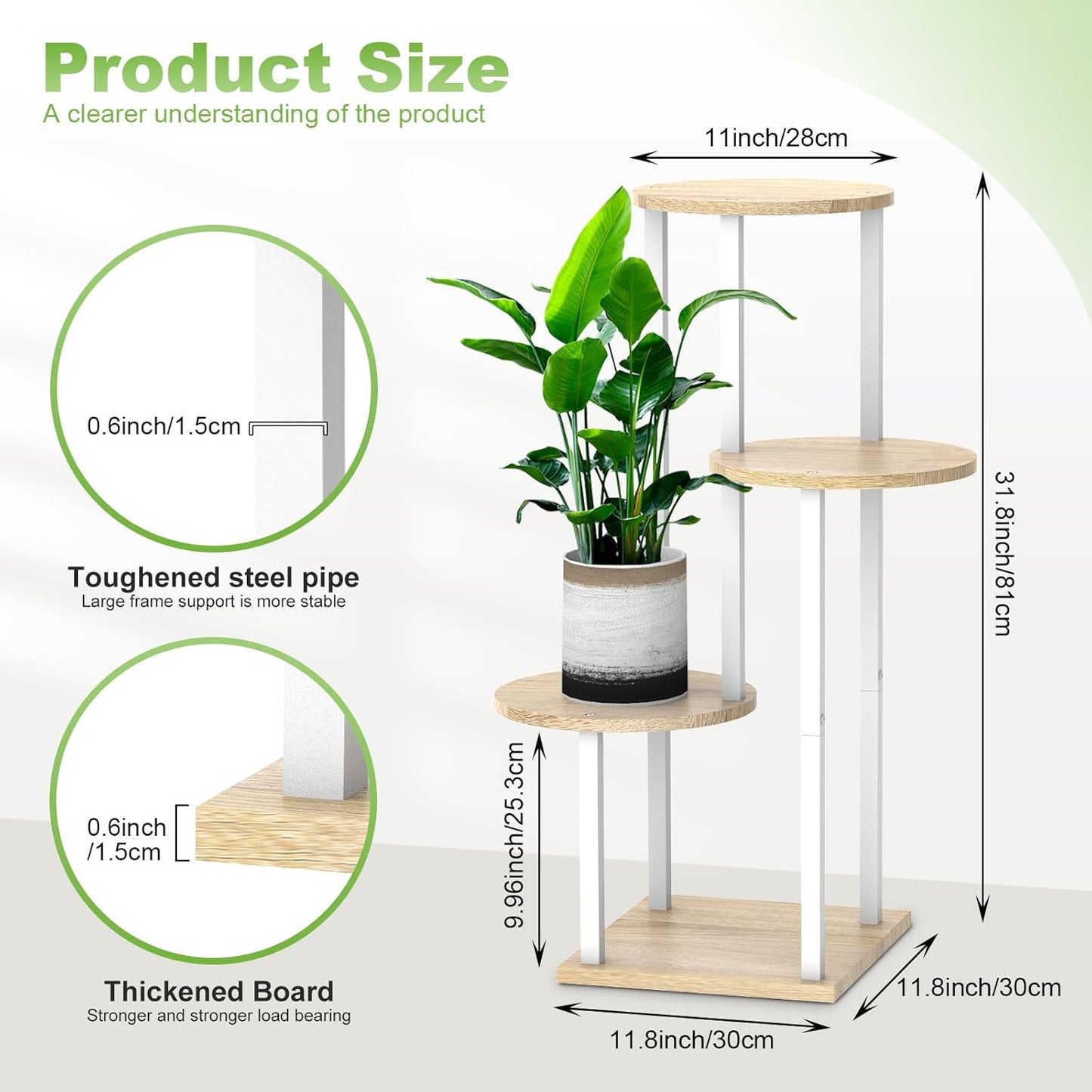 4 Tier Wood Tall Plant Stand Metal Rack Indoor, Multiple Flower Pot Holder Shelves Corner Rack, Round Planter Shelf Display Rack Storage Organizer for Patio Living Room Balcony(White Oak)