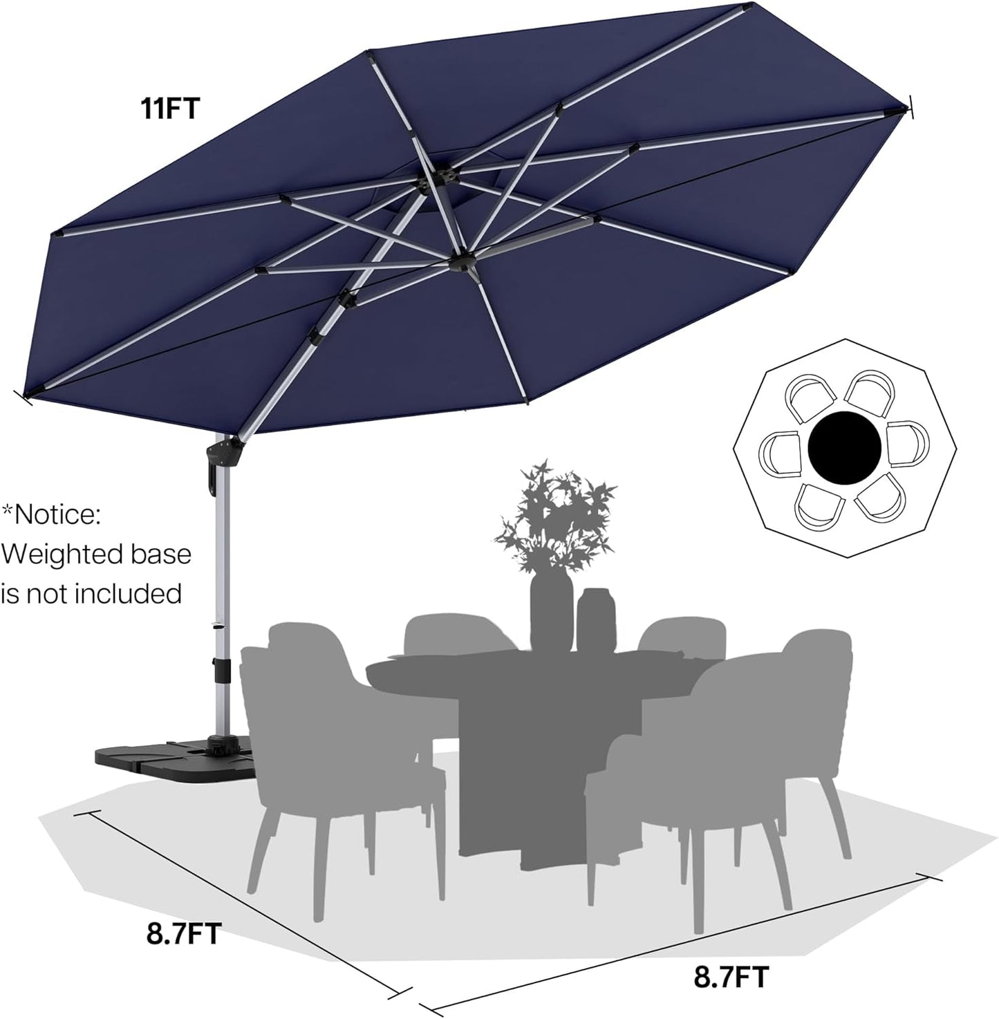 Patio Umbrella, 11FT Outdoor Cantilever Umbrella with 360-degree Rotation for Garden, Deck, Backyard, Pool and Beach, Navy Blue