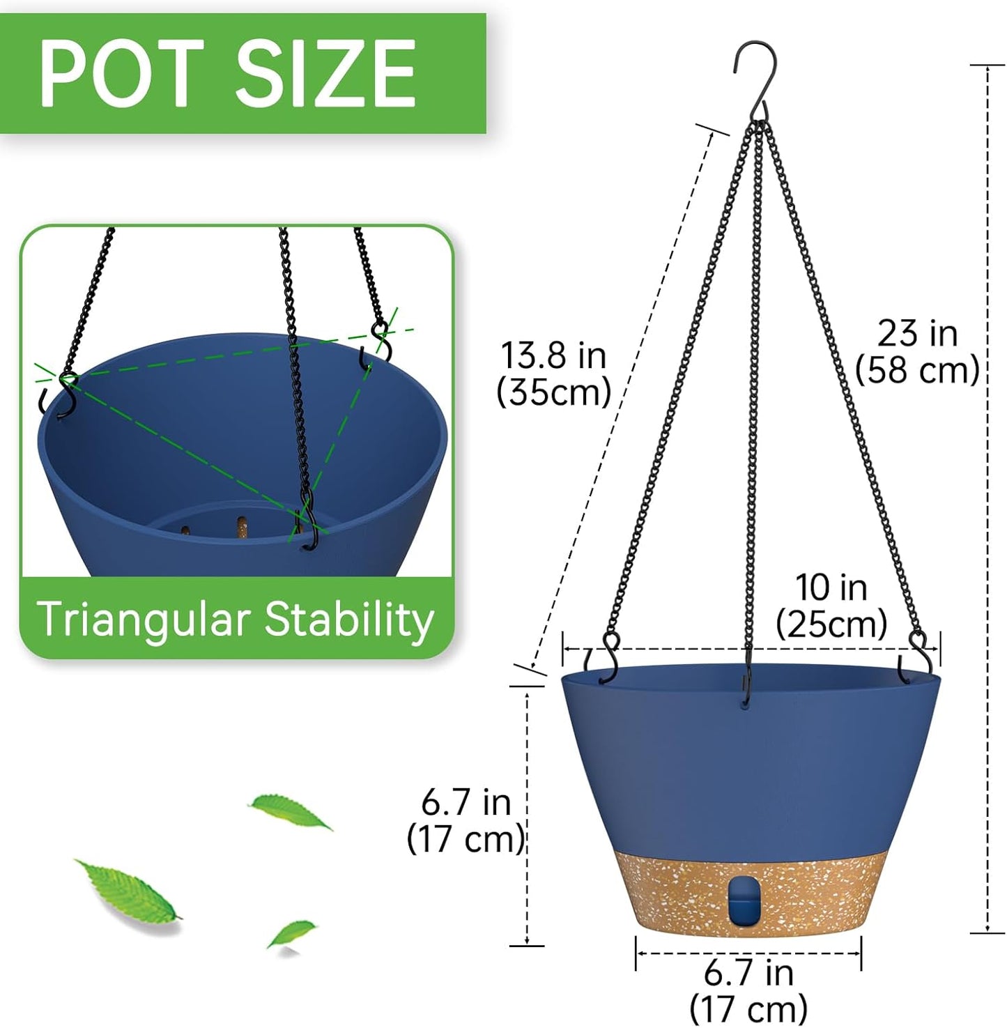 ZMTECH 2 Pack 10 Inch Hanging Planters for Outdoor Plants, Hanging Pots for Plants Indoor with Visible Water Level, Hanging Flower Basket with Drainage Holes & Removable Tray(Blue)