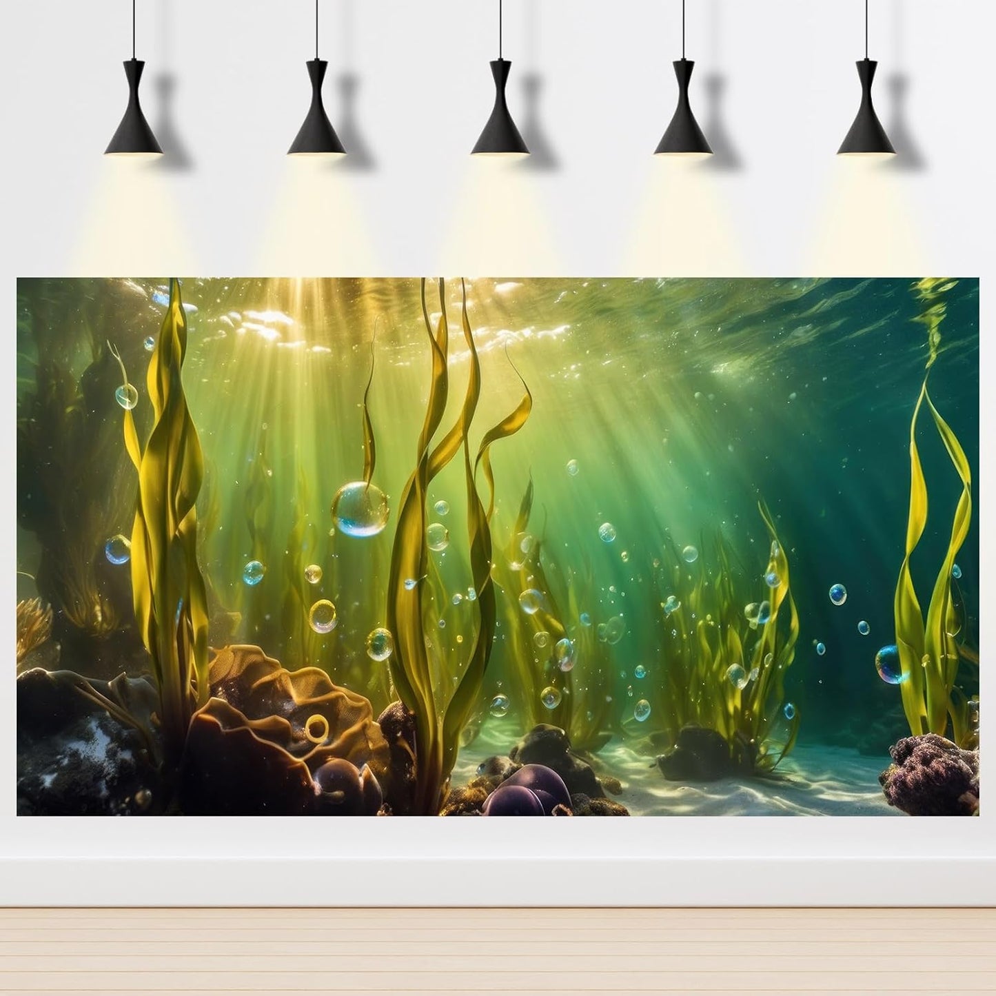 Aquarium Background Underwater Beautiful Coral Reef with Seaweed Bubbles Terrarium Backdrop Aquatic Plants Sunlight Rays Fish Tank Background Tank Aquarium Wallpaper Poster Decor Vinyl 72x24in