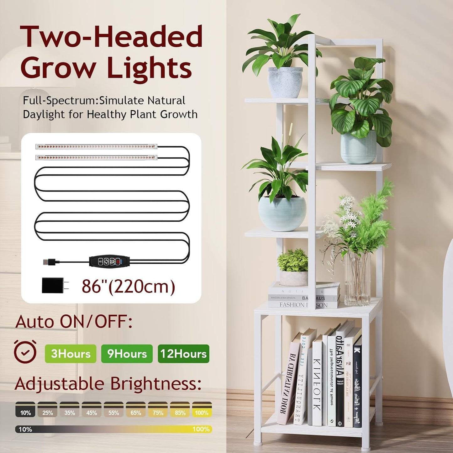 Plant Stand Indoor with Grow Light, 5-Tiered Tall Plant Stand Indoor, Metal Plant Shelf with Bookshelf Bookcase and Adjustable Light, Ideal for Living Room, Reading room, Garden, Patio (white)