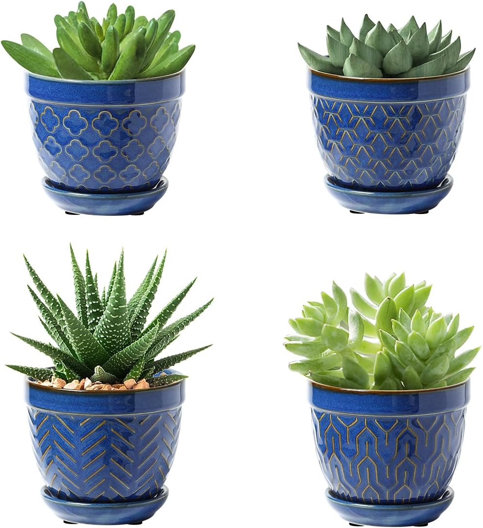 Sureasy Succulent Pots, 3.5 Inch Flower Pots for Indoor Plants, Small Plant Pots with Saucer & Drainage, Decorative Ceramic Planters for Succulent, Cactus, Set of 4, Blue