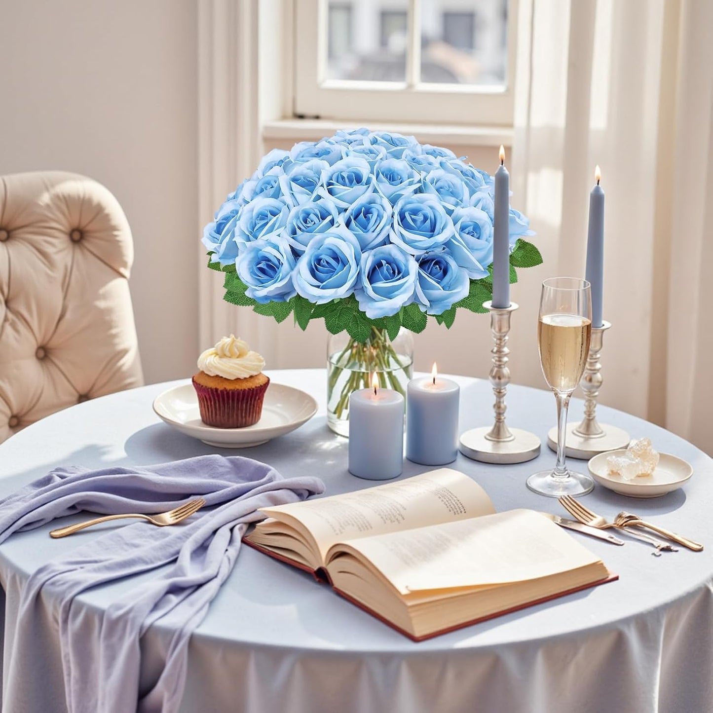 36 Pcs Sky Blue Artificial Roses with Long Stems, Blue Fake Silk Rose Artificial Flowers Bulk for Bridal Wedding Bouquet Centerpiece Ball Arrangement Party Decor