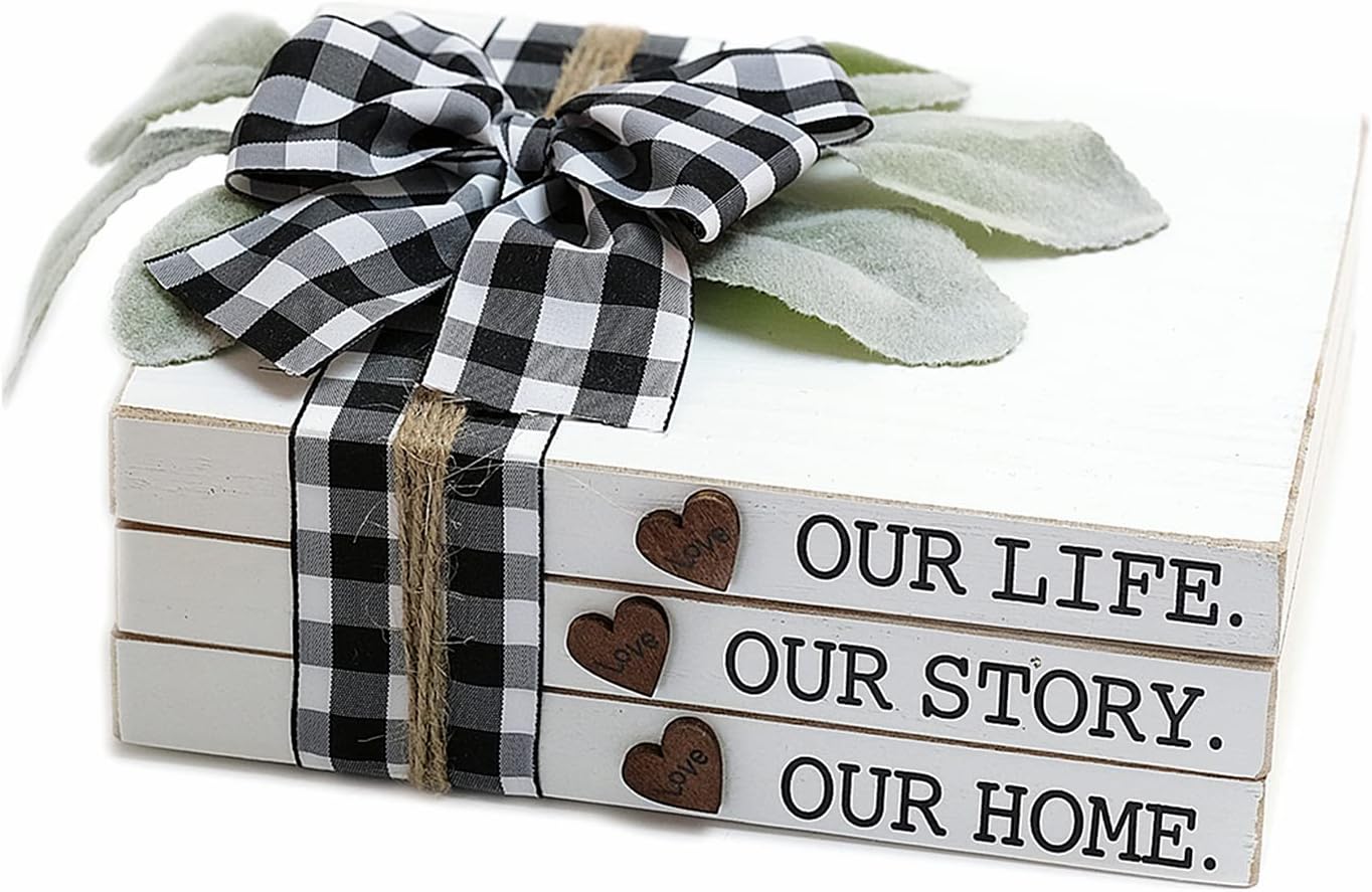 Our Life Our Story Our Home-Farmhouse Stacked Books, 3 Stacked Decorative Books, Rustic Wooden Signs for Home Decor-Housewarming Gifts
