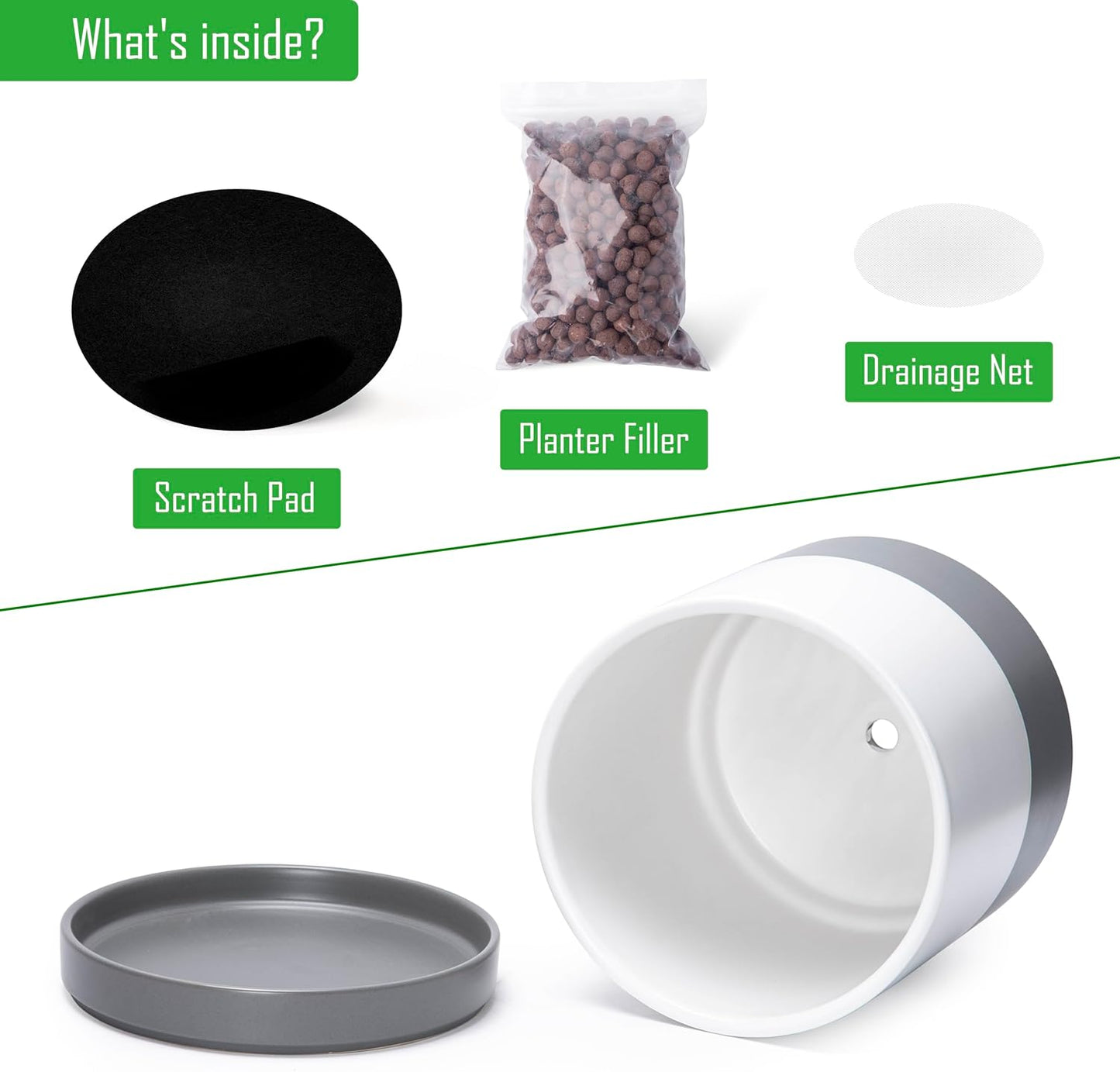 D'vine Dev 6 Inch & 8 Inch & 10 Inch, Set of 3 Round Ceramic Planter Pot with Drainage Hole and Saucer, White/Speckled Grey, 94-T-L-6