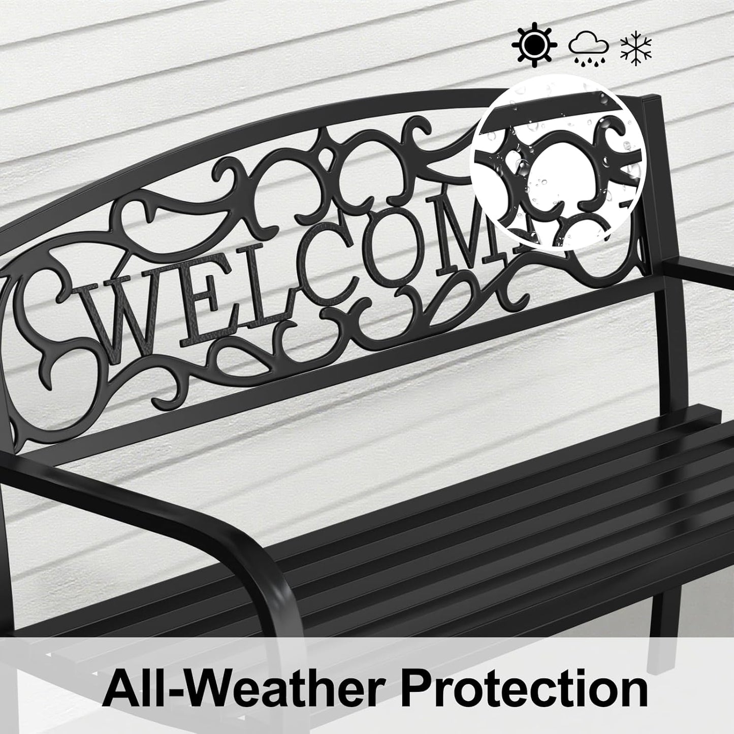 50" Heavy Duty Outdoor Bench, Wrought Iron Weatherproof Garden Bench Black Metal Patio Bench for Park Proch Yard 880lbs