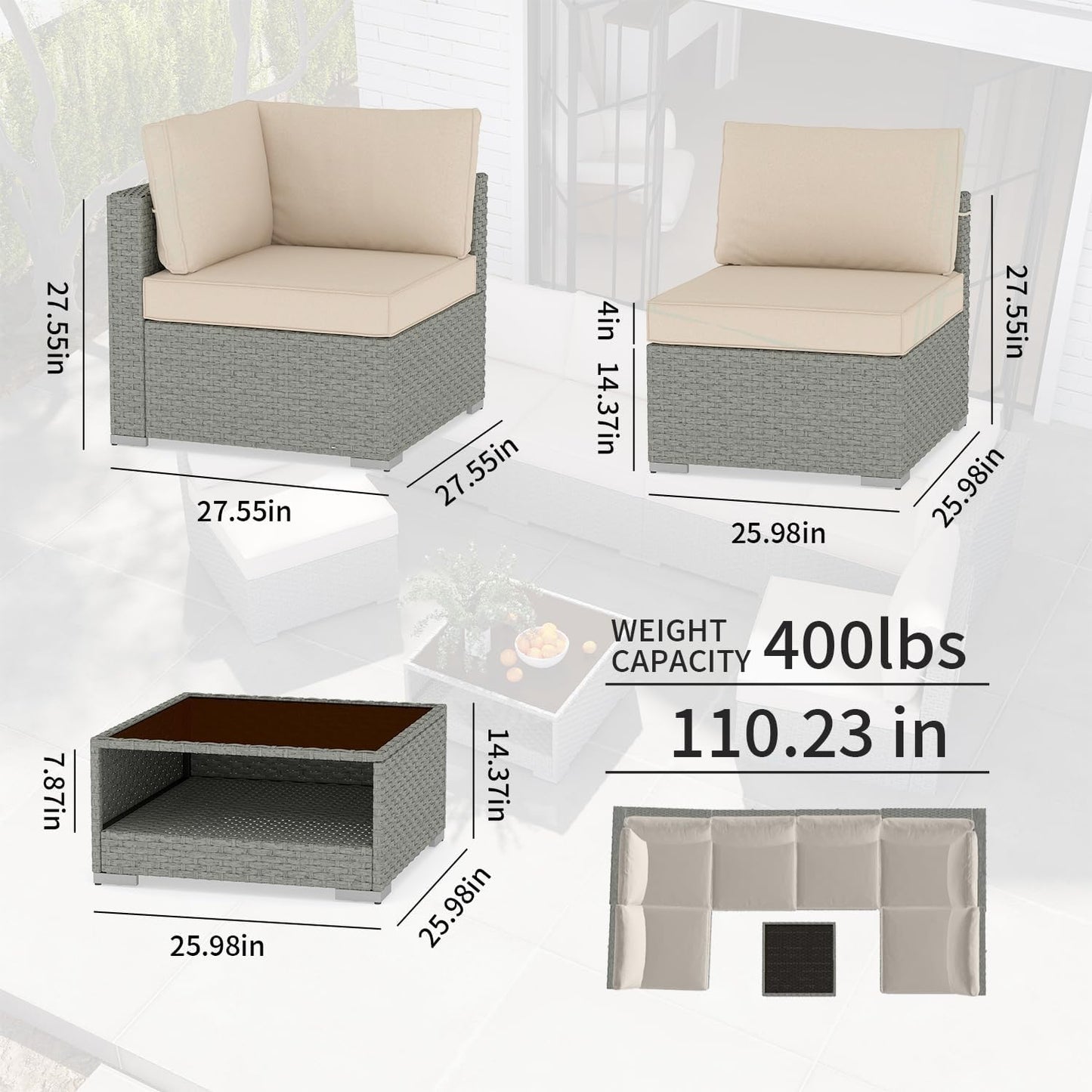 Patio Furniture Set 7-Piece, All-Weather Outdoor Conversation Set Sectional Sofa with Water Resistant Grey Thick Cushions and Coffee Table（Khaki）