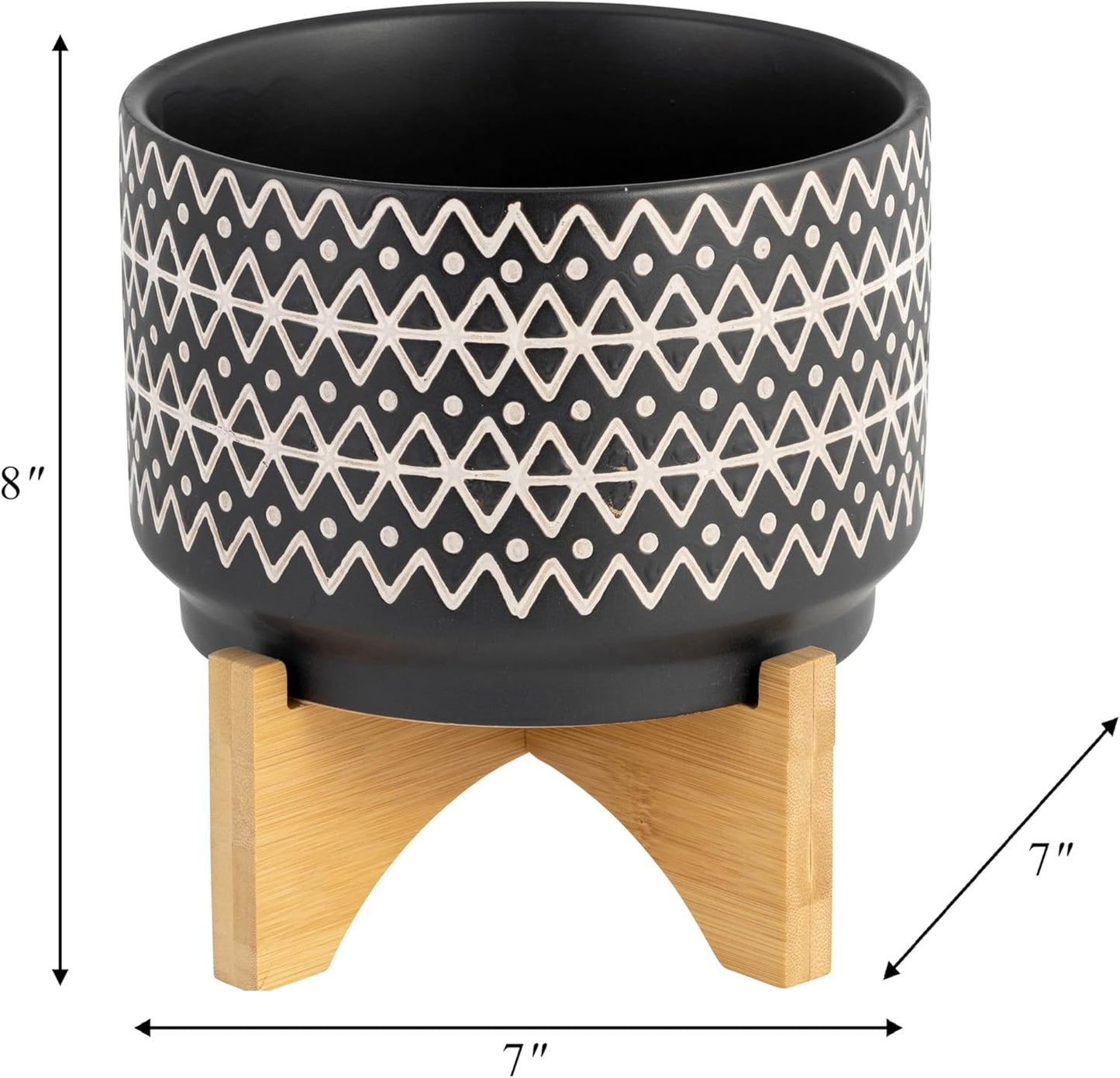 Ceramic Planter with Bamboo Stand – Modern Plant Pot with Geometric Pattern – Durable Stoneware Plant Holder for Indoor & Outdoor Plants – Stylish Boho Home Decor – 8", Black
