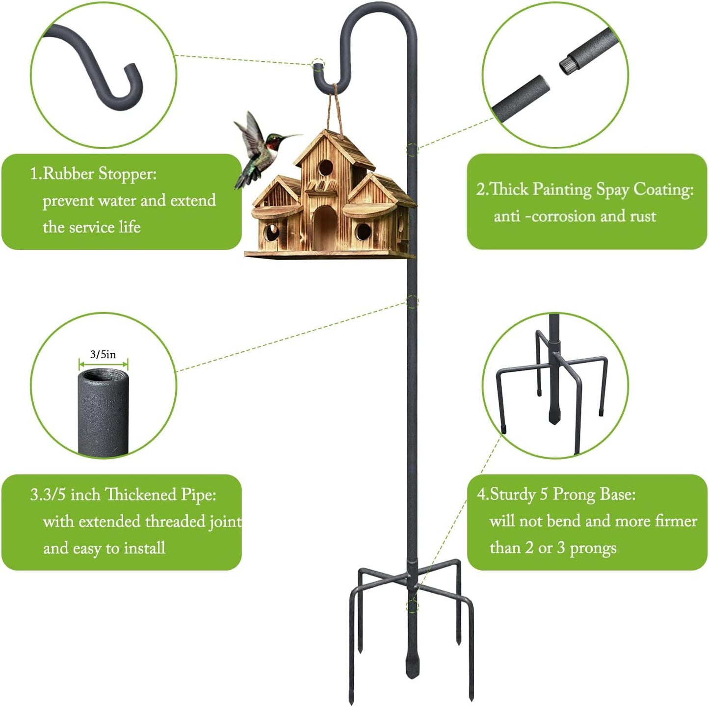 Highpro Shepherds Hooks for Outdoor 47 Inch Bird Feeder Pole Squirrel Proof Hummingbird Feeder Stand Heavy Duty with 5 Prong Base for Hanging Bird Feeder, Plant Baskets, Solar Light Lanterns