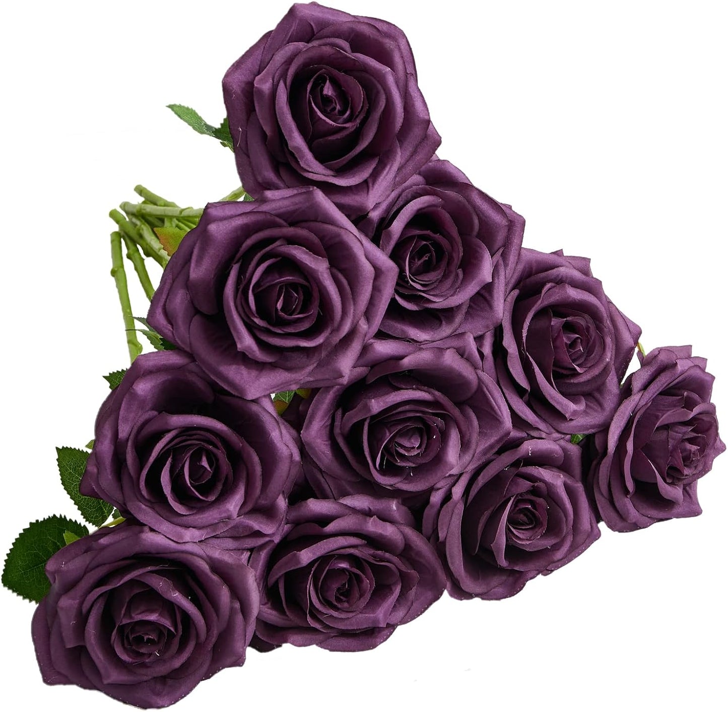 Plum Artificial Rose 10pcs Open Flower Bouquet Faux Rose Stems for Wedding Arrangement, Bridal Bouquet, Centerpiece, Fake Faux Silk Flowers