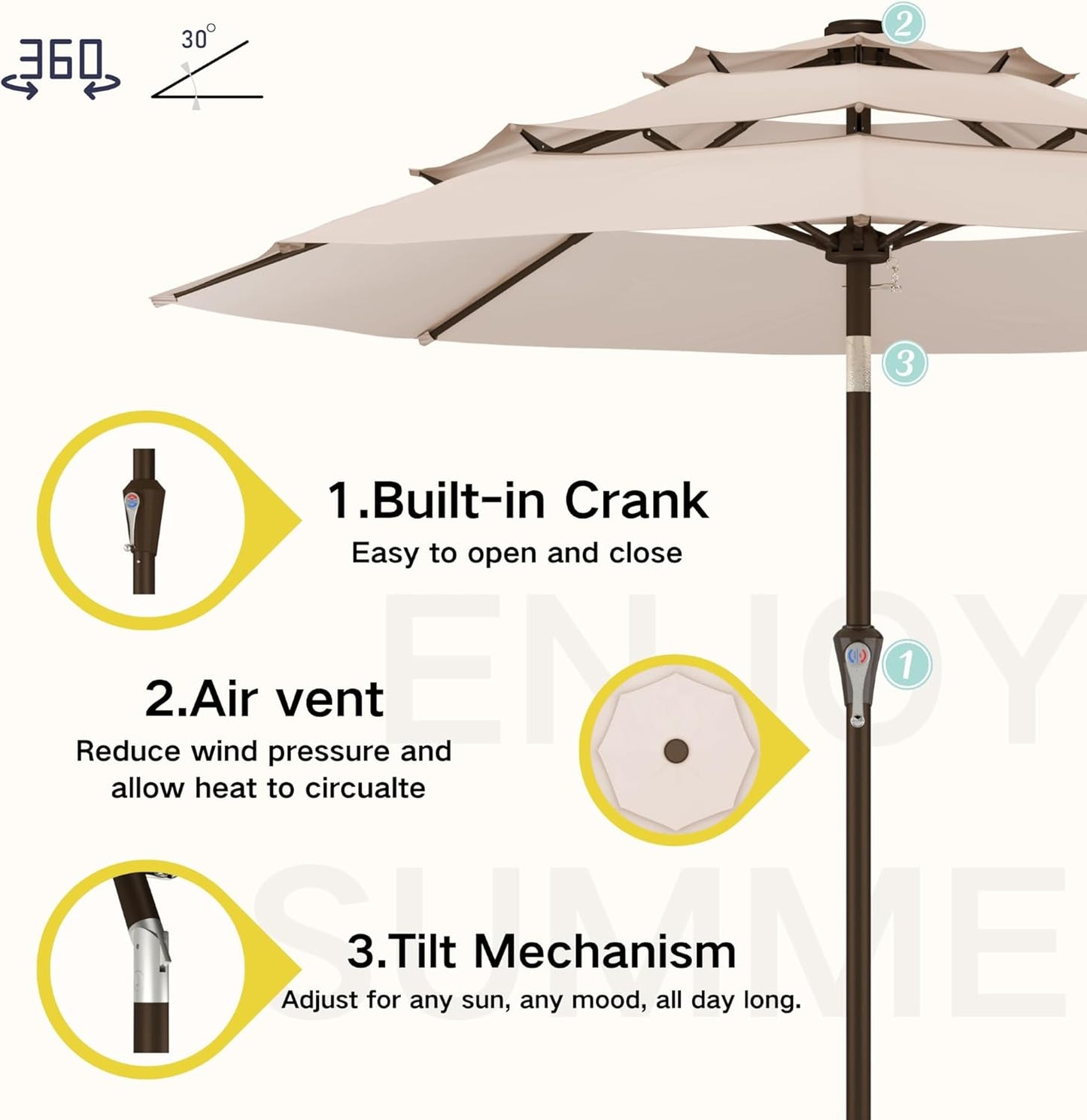 Kingdura 9ft 3-Tier Patio Umbrella, Outdoor Table Umbrella with Easy Crank & Tilt, 8 Reinforced Ribs, UV Protection for Deck, Pool, Market, Backyard (Beige)
