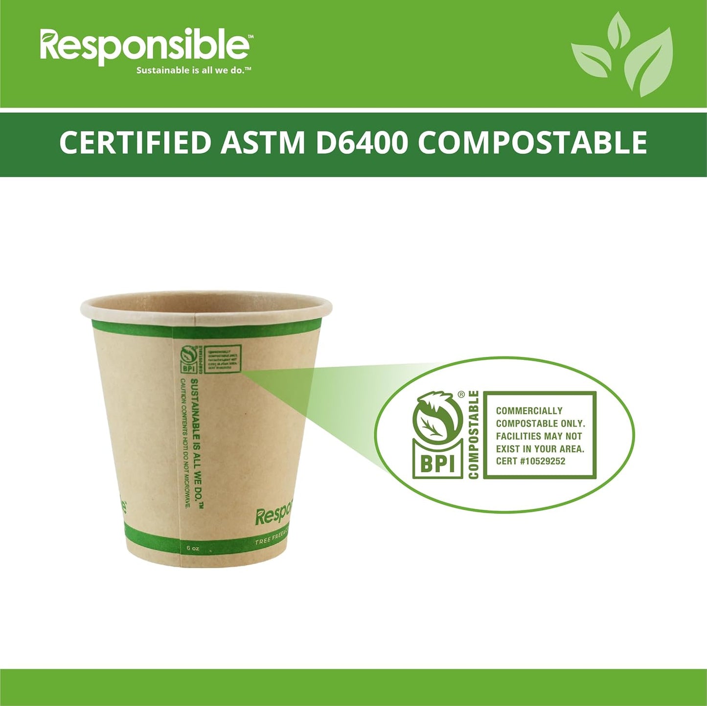Certified Compostable 6 oz Paper Cups, Cold ＆ Hot Coffee Cups, Disposable Paper Cups, Extra Strength Disposable Cups, Made without PFAS (50 count)