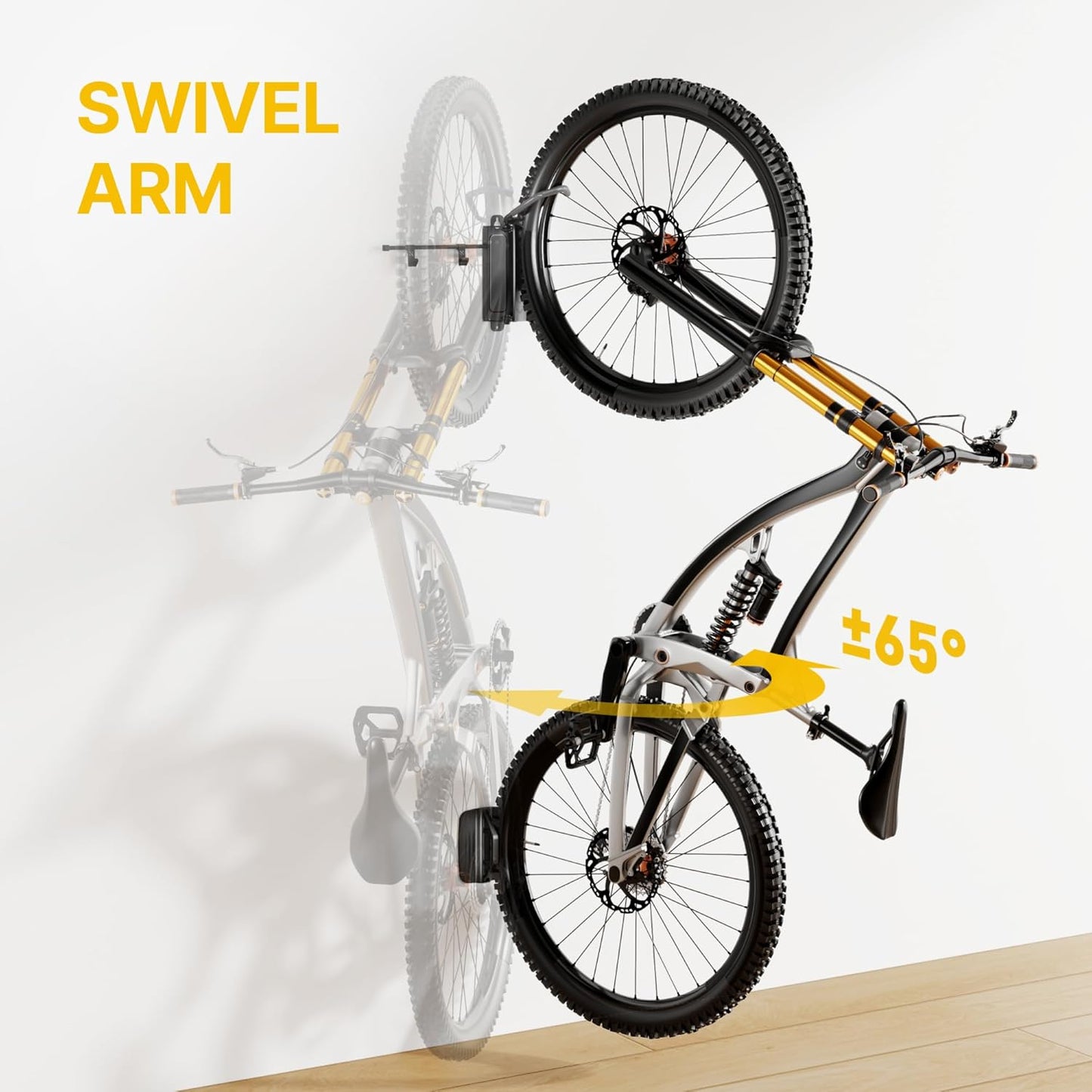 monTEK Swivel Bike Wall Mount, Bike Hangers for Garage, Bike Wall Mount with Two Extra Storage Hooks, Bike Hanger Wall Mount for Space Saving, Bike Rack Garage Holds Up to 77 lbs