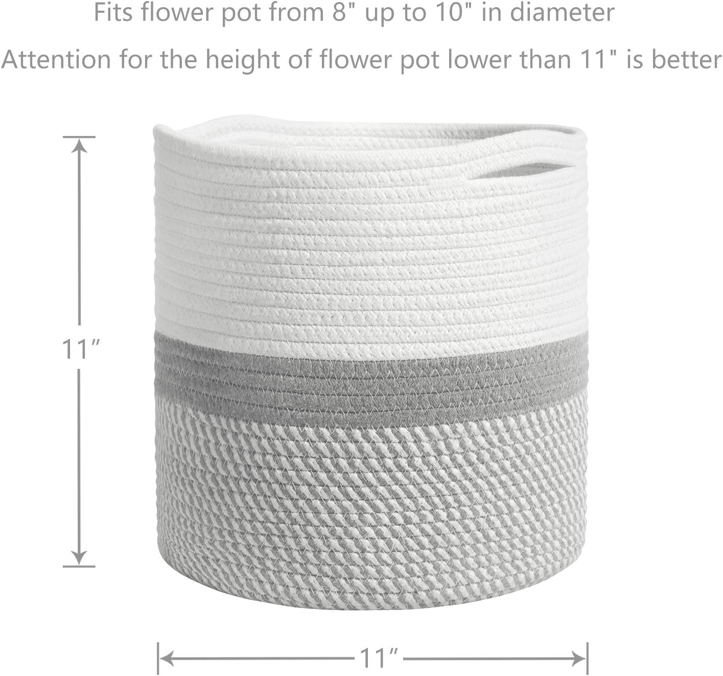 TIMEYARD Woven Cotton Rope Plant Basket for 10" Flower Pot Floor Indoor Planters, 11” x 11” Storage Basket Organizer Modern Home Decor, Grey and White Stripes
