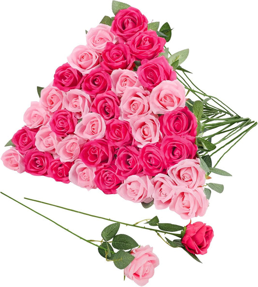 36 Pcs Pink, Hot Pink Artificial Roses with Long Stems, Fake Silk Rose Artificial Flowers Bulk for Bridal Wedding Bouquet Centerpiece Ball Arrangement Party Decor