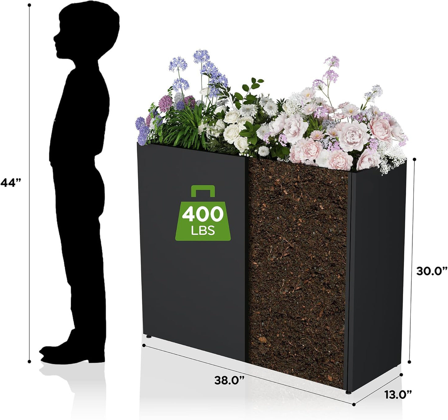 Tall Metal Planter for Outdoor Plants,38"Lx13"Wx30"H All-Weather Durable Plant Box,Large Rectangular Planter with Drainage Holes & Removable Shelf,Modern Decor for Tall Small Plants, Trees, Flowers
