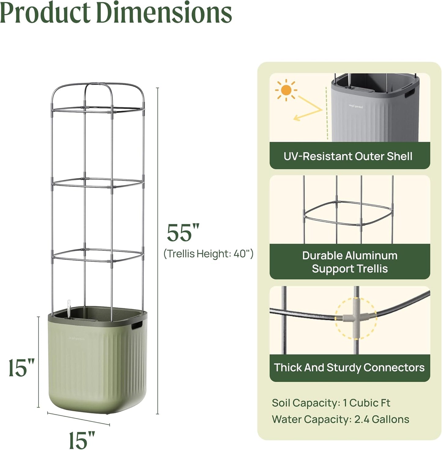 Vego garden Tomato Planter Box with Trellis Self-Watering Rolling Raised Garden Bed for Climbing Vegetables Plants Cage - Sage Green