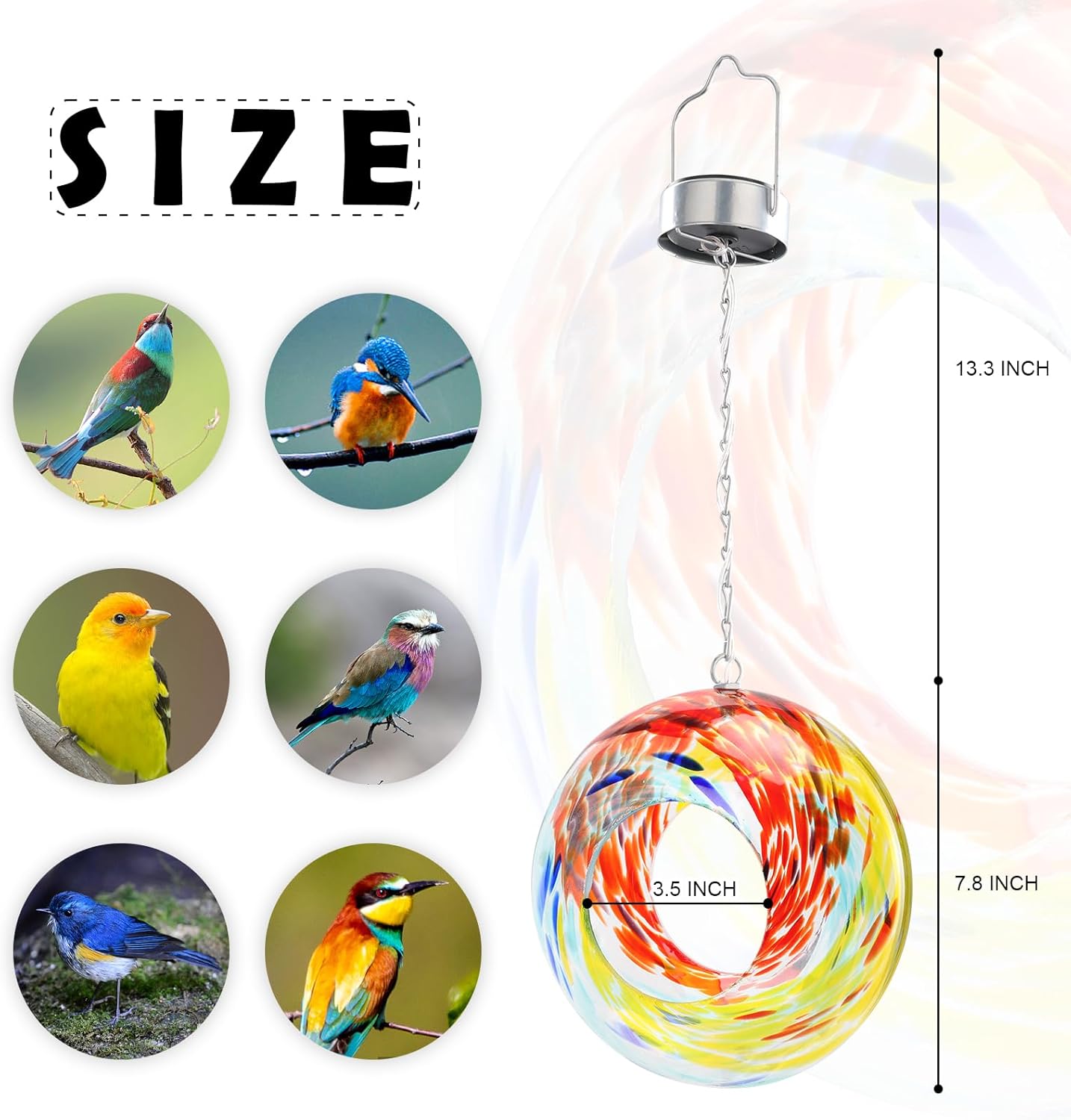 VCUTEKA Bird Feeder Solar Fly Through Bird Feeders for Outside Hanging with Round Shape Glass Container to Attract Wild Birds for Garden Decor, Solar Birdfeeder as Gift for Lovers, Red 8-Inch