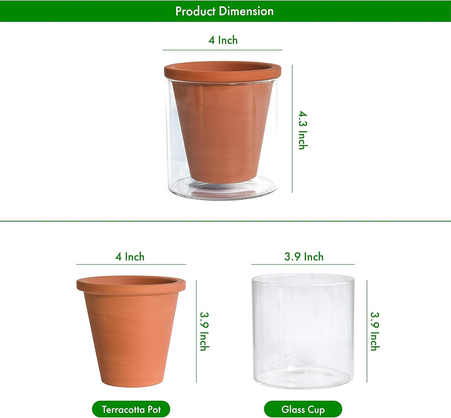 D'vine Dev 4 Inch Design Self Watering Pot for Indoor Plants, Terracotta Planter with Cylinder Glass Cup, Set of 4, 37-Z-A-1-F