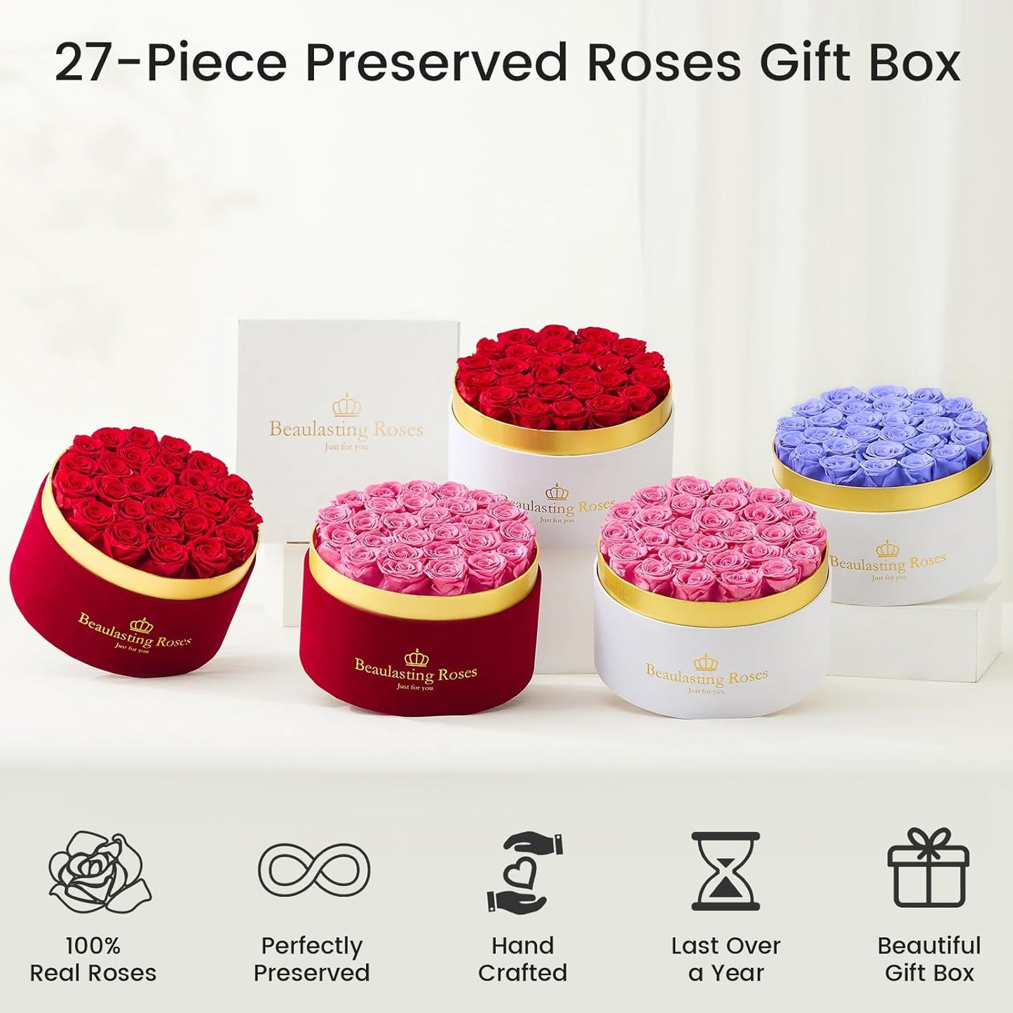 Preserved Roses Forever Flowers Real Roses in a Box Mother's Day Birthday Flowers for Her Mom Women Wife Valentine's Day, Red, 27 Piece