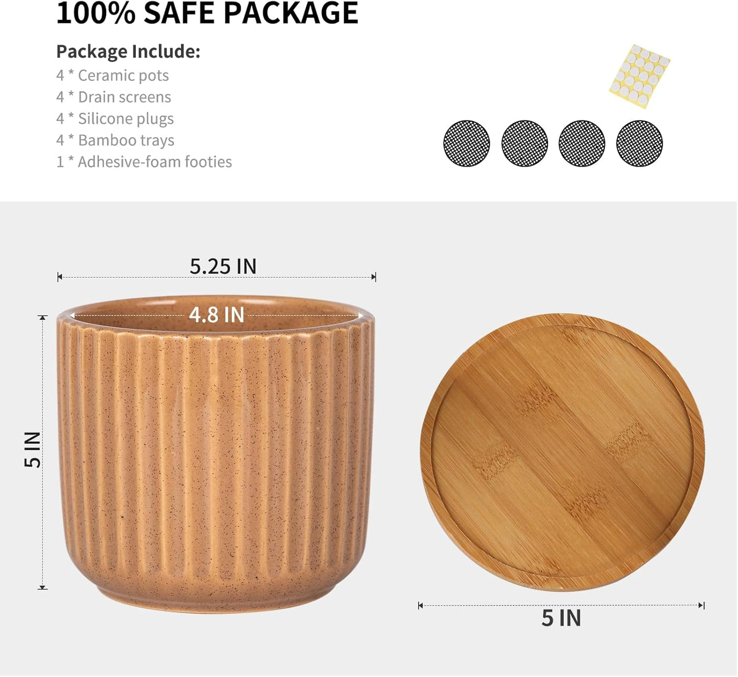 TAMAYKIM 5.25 Inch Ceramic Plant Pots with Drainage Holes and Saucers, Modern Flower Pots with Trays for Indoor Planters, Snake Plant, Succulent, Cactus and Herbs, Red, Set of 4