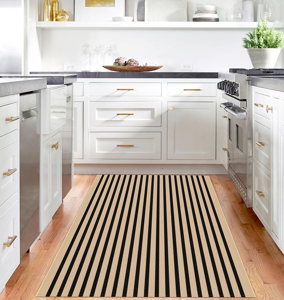 IOHOUZE Striped Area Rug 4'x6' Front Door Rugs Washable Area Rug for Double Front Porch, Large Patio Rug Outdoor Indoor, Doormat for Entryway Porch Entrance, Tan/Black