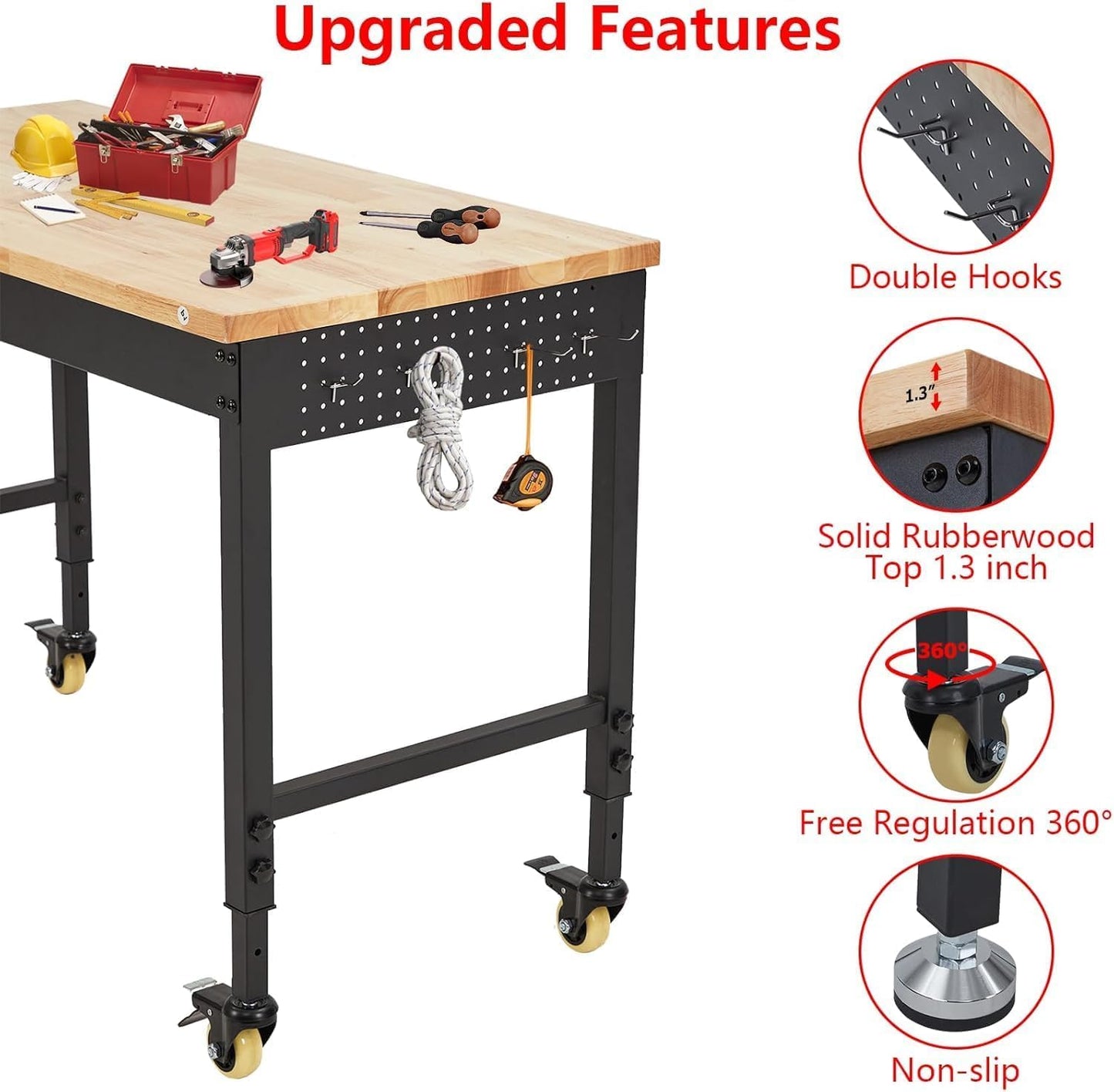48'' Adjustable Workbench on Wheels, 2000LBS Heavy Duty Worktable with Power Outlets & Drawers & Pegboard, Rubberwood Workstation for Workshop, Garage, Office, Home