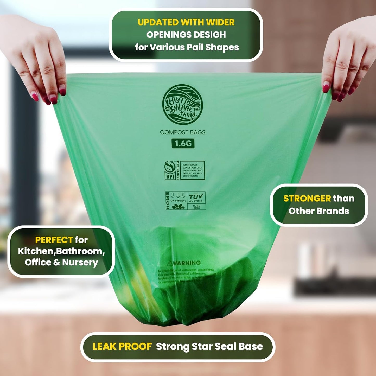 RAYTID 150 Counts 1.6 Gallon (1.6-1.75-2 Gal) Compost bin kitchen Bags, Fit 4.5,6,7,8 Liters,Strong compost bags for countertop bin,ASTM D6400, US BPI and Europe OK compost HOME certified
