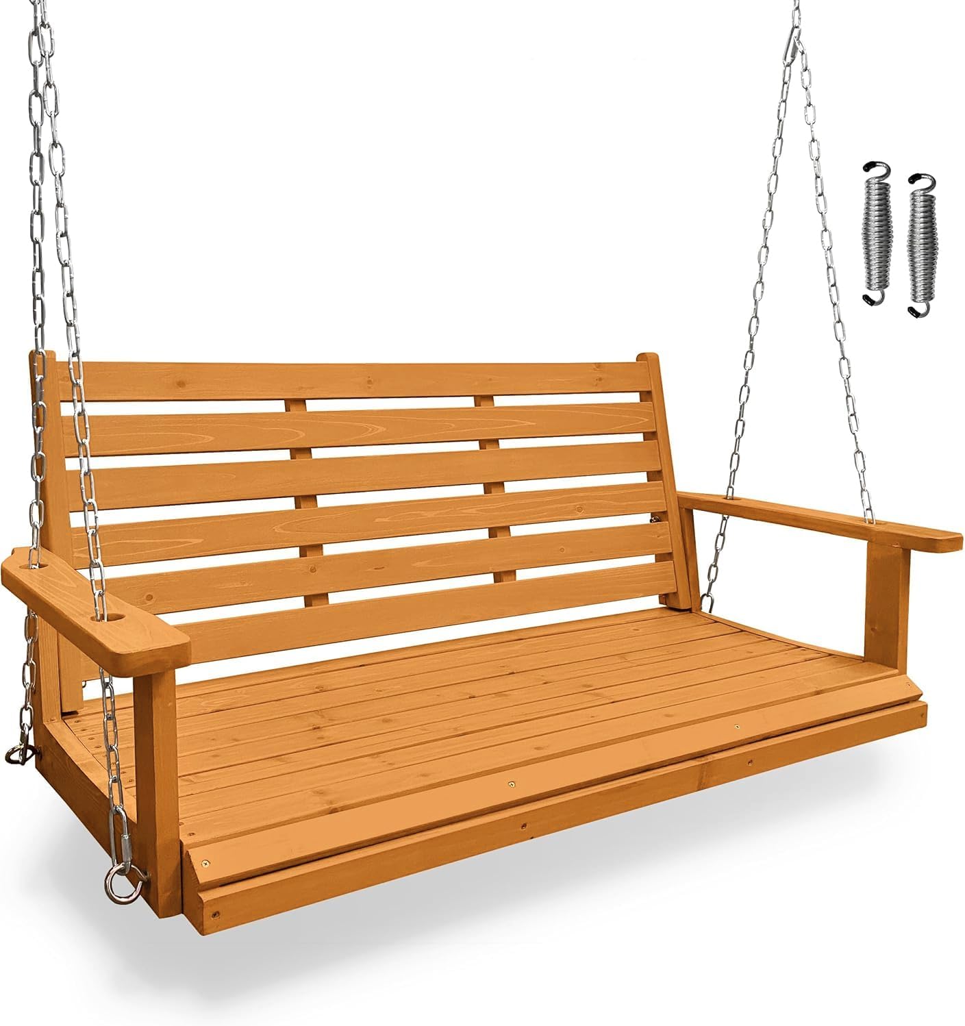 Wooden Porch Swing, Ergonomic Seat, Bench Swing with Hanging Chains and 7mm Springs, Heavy Duty 880 LBS, for Outdoor Patio Garden Yard (Amber, 2-Seater Extra Large)