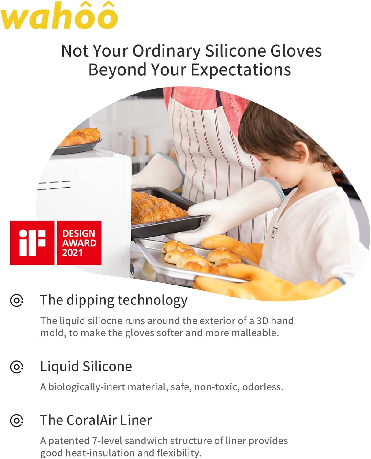 wahoo Professional Liquid Silicone Oven Mitts Gloves, Heat Resistant Gloves for Cooking, Baking, CoralAir Liner, 12 Inch, White, Medium