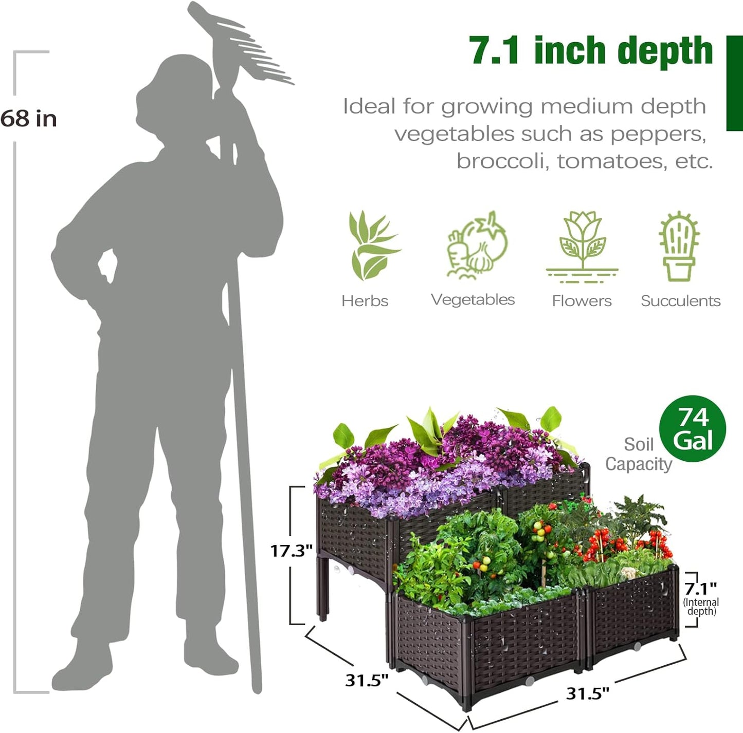 Raised Garden Bed with Legs, Elevated Plastic Planter Box for Outdoor Plants, Flowers, Vegetables and Herbs