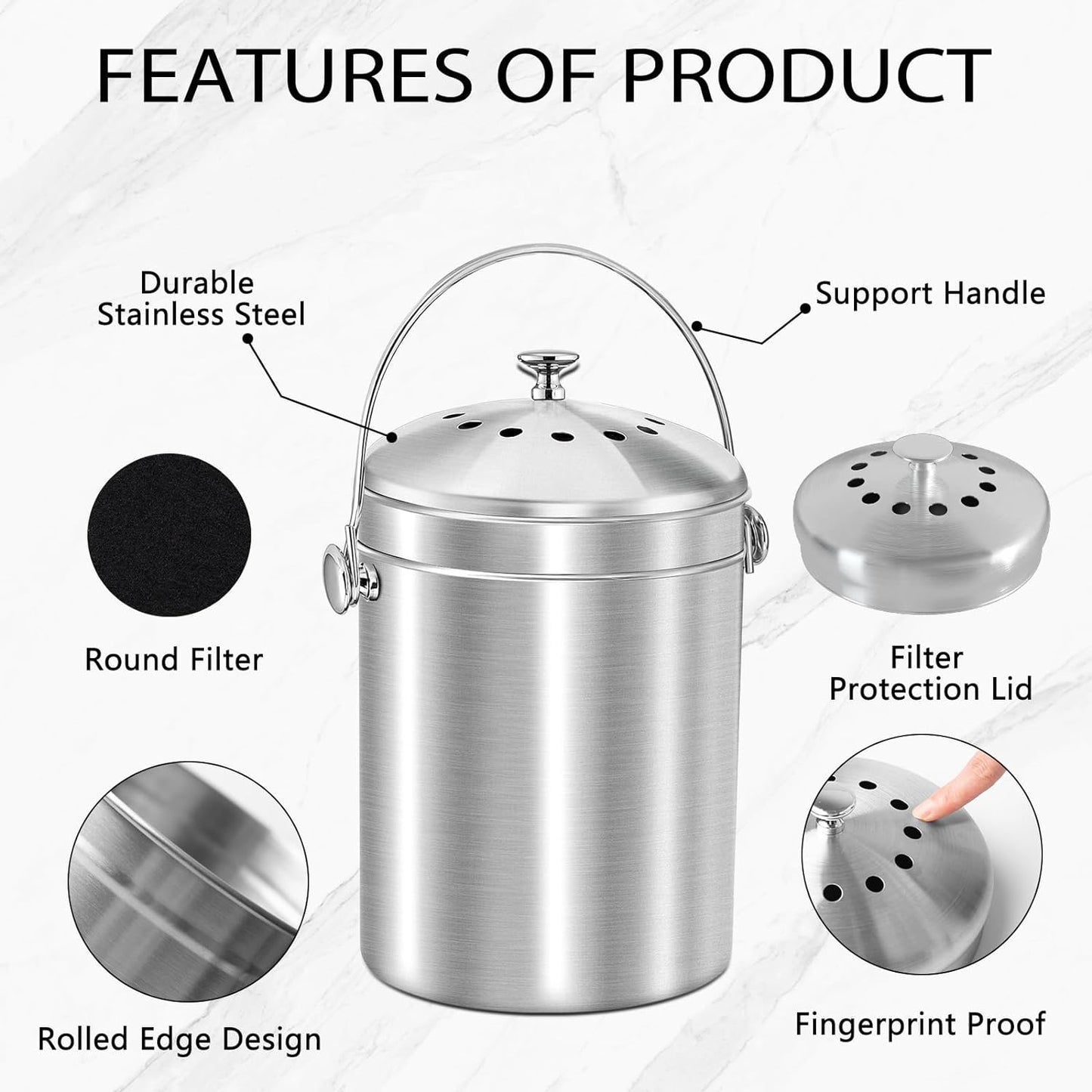 ENLOY Compost Bucket for Kitchen Countertop, 1.3 Gallon Stainless Steel Compost Bin Indoor with Lid, Odorless Food Waste Bucket with Charcoal Filter, Compost Pail for Kitchen with Carrying Handle