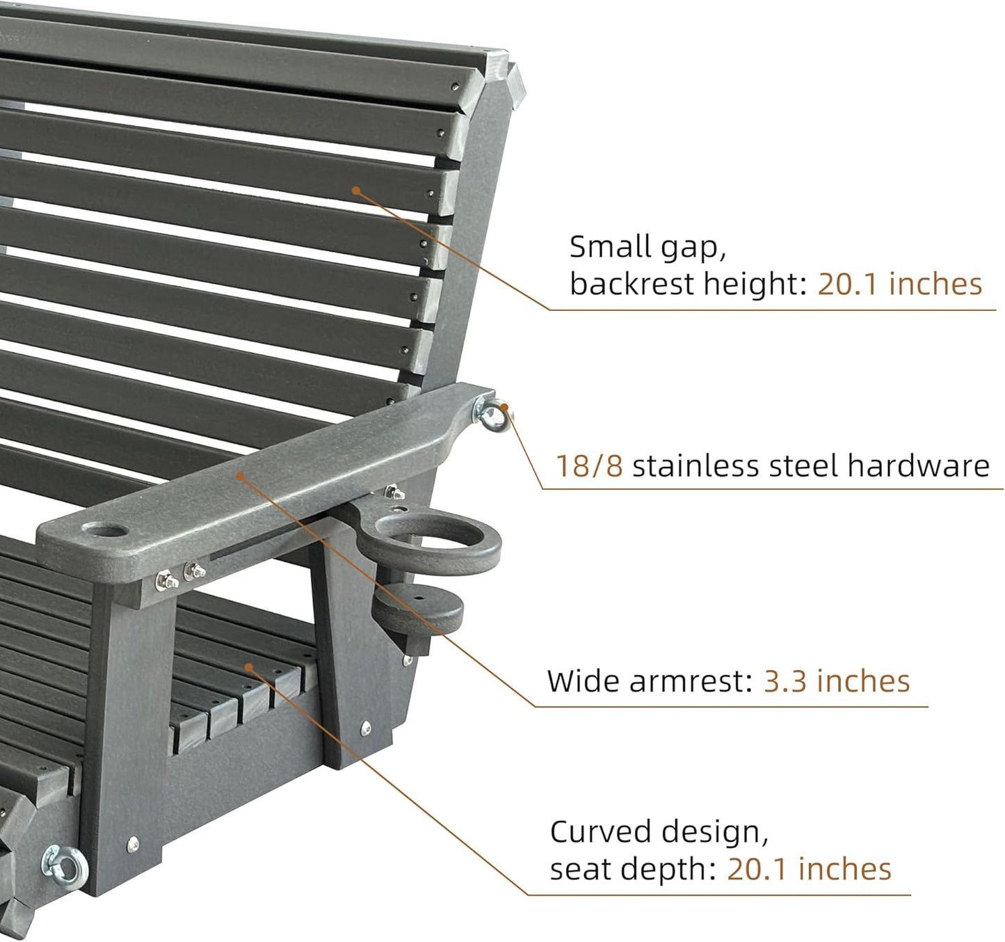 HDPE Porch Swing with 18/8 Stainless Steel Bolts, Ergonomic Design, Ultra Weather-Resistant, Heavy Duty 1200 LBS, for Outdoor Patio Garden Yard (Gray)