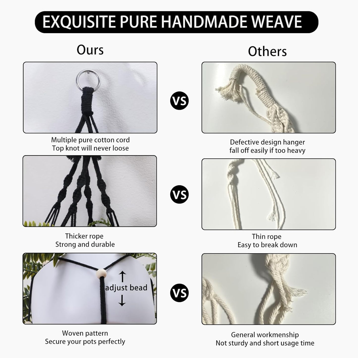 Artilady Black Hanging Planter for Indoor Plants Macrame Plant Hanger Large Hanging Plant Holder Basket with Adjustable Beads Outdoor Window Boho Plant Wall Decor