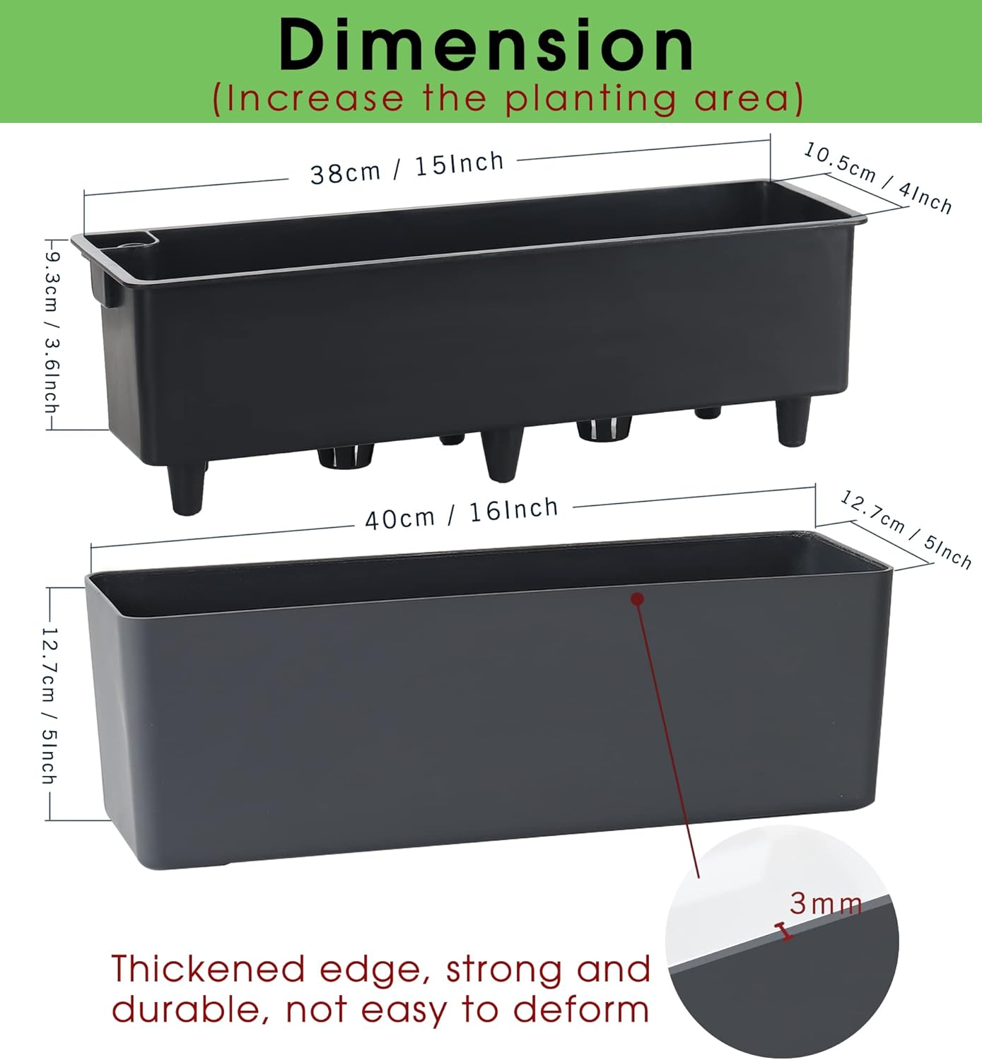 GardenBasix Elongated Self Watering Planter Pots 2-Pack Window Box 5.5 x 16 inch Indoor Home Garden Modern Decorative Pot for All House Plants Flowers Herbs (Dark Grey,2)