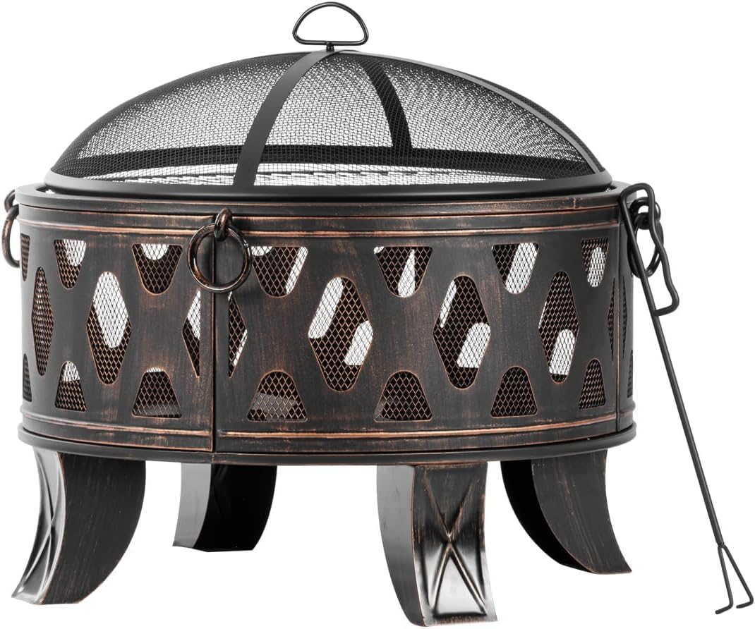 Breezz 26 Inch Wood Burning Fire Pit with Cooking Grill and Spark Screen, Outdoor Metal Round Firepit for Patio, Backyard, Bonfire Party, Camping and Garden
