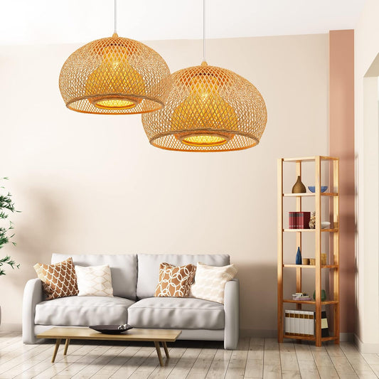 Arturesthome 23.6" Weaving Bamboo Pendant Light for Kitchen Island, Wicker Chandelier, Handmade Woven Hanging Ceiling Light Lampshade for Living Room Bedroom