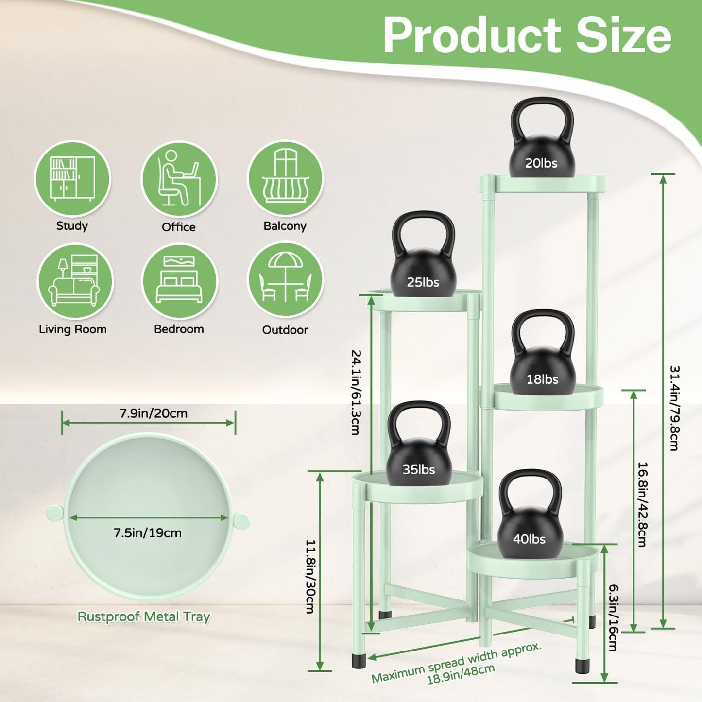 iDavosic.ly Plant Stand Indoor Outdoor, 5 Tier Corner Metal Flower Display Holder Shelf, Folding Tall Orchid Rack for Patio Balcony Porch Garden Living Room House, Light Green